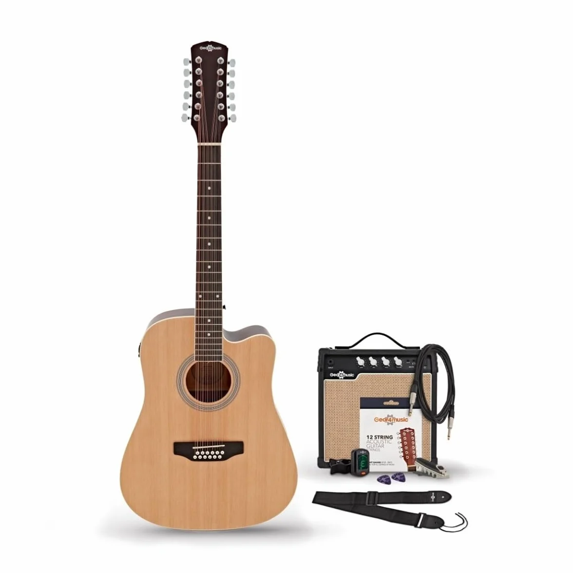 Kit de guitarra electroacústica de 12 cuerdas de Gear4music con afinador Funda de transporte
