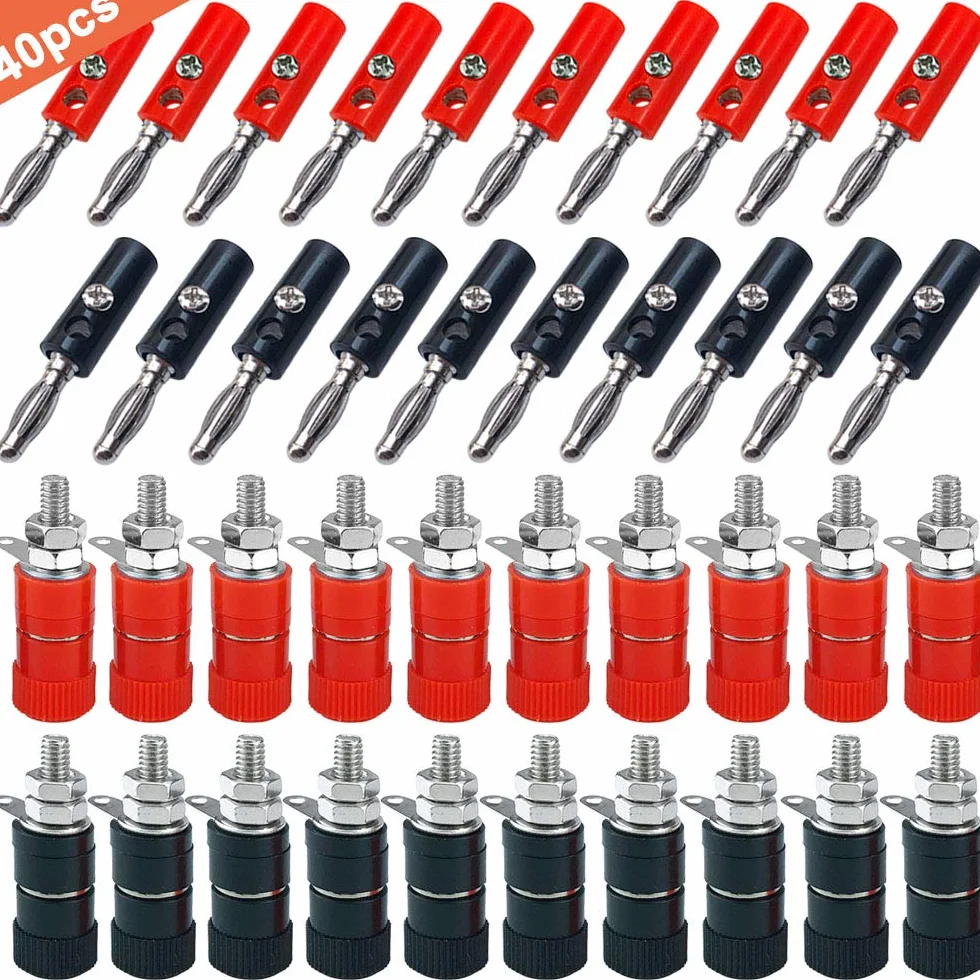 40Pcs Premium 4mm Banana Conector Plug Socket Kit: 20Pcs Chapado Nickel Banana Enchufe + 20Pcs Binding Post Terminal, para Altavoz, Audio/Video Receptor (Rojo & Negro)