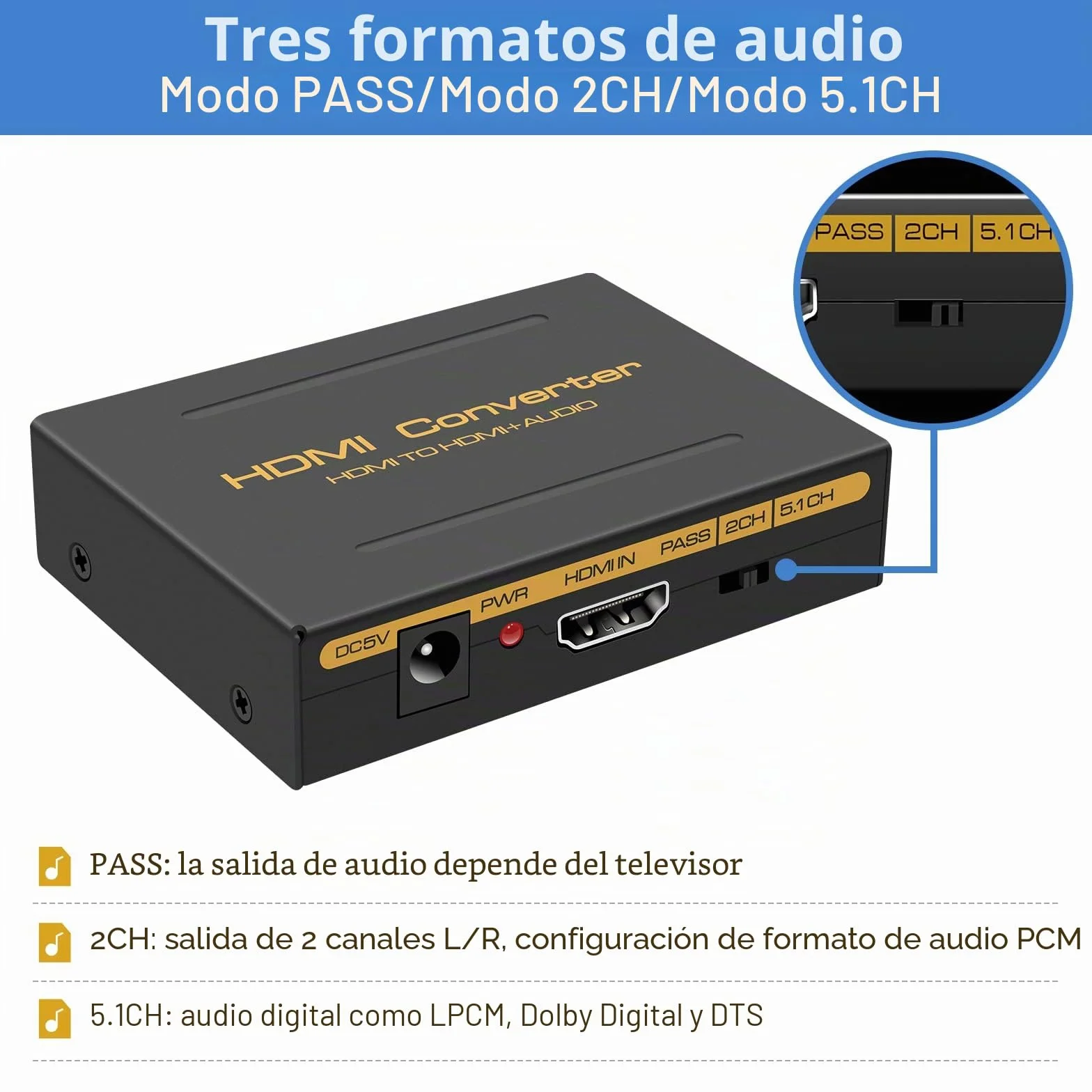 HDMI Extractor 4K Adaptador Óptico Audio L R Stereo 4K30Hz PCM PS5 Xbox Projector