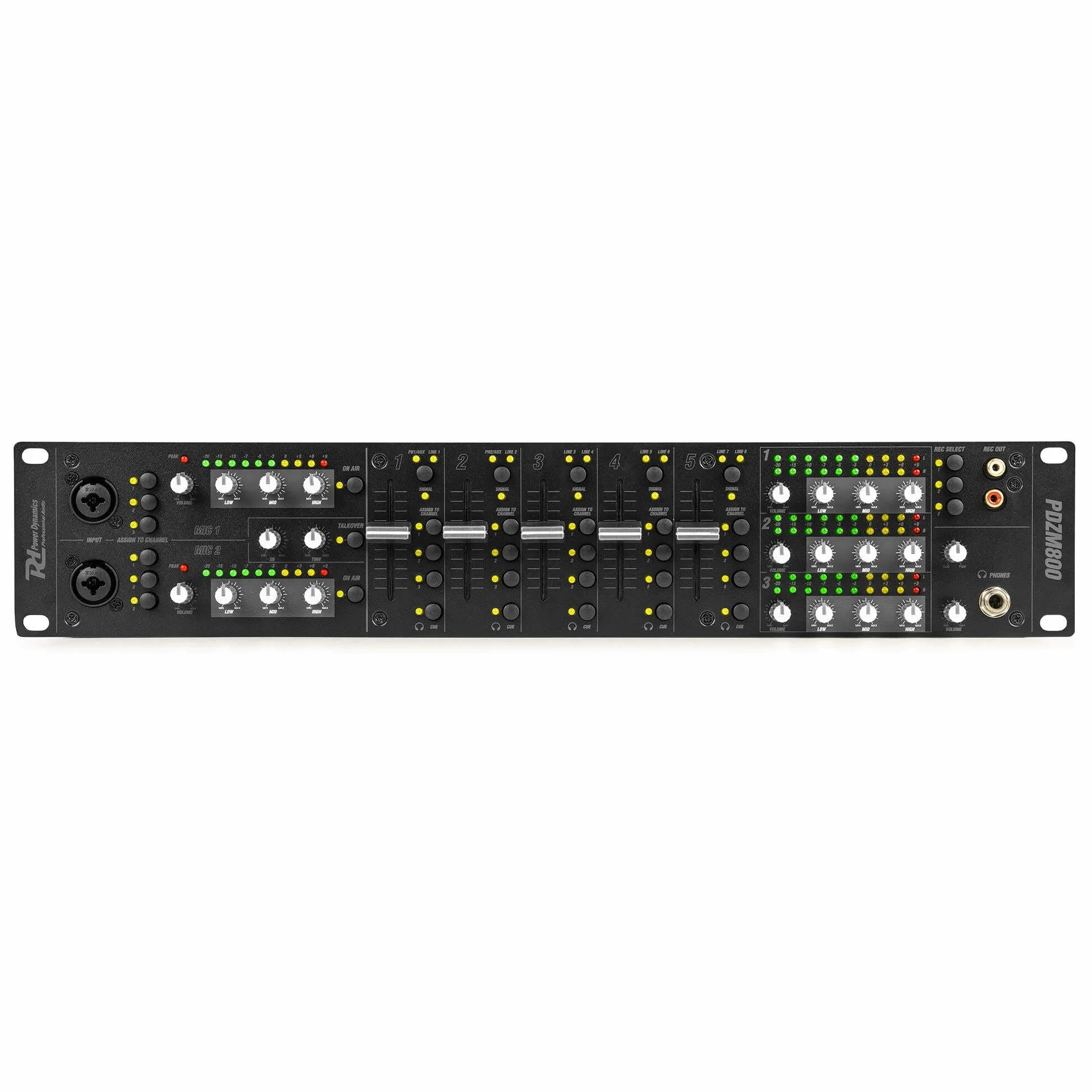 Power Dynamics PDZM800 Mezclador de audio, Mezclador de 3 zonas, instalaciones de altavoces, procesador DSP, 5 entradas + 2 canales de entrada MIC, talkover, CUE, rack 19» 2U, XLR, jack, +48V phantom