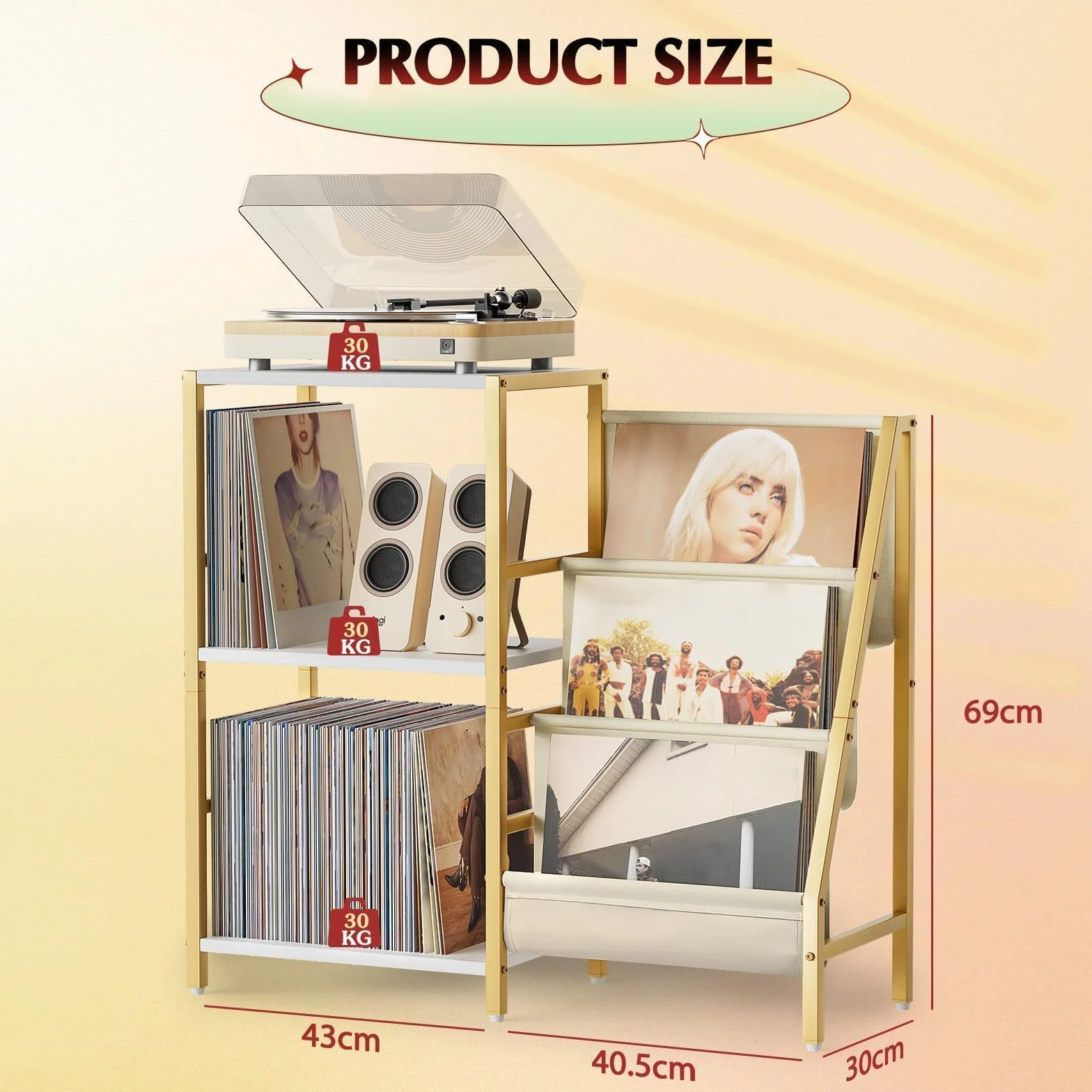 Bikone Mueble para Tocadiscos con 3 Niveles Almacenamiento de Vinilos – Mesa Giradiscos con Estante Expositor, Capacidad para 200 Discos, Consola de Medios para Estéreo y Equipos de Audio (Dorado)