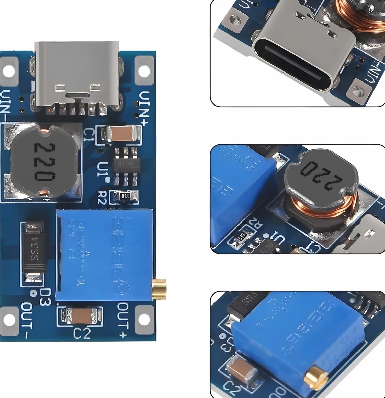 MT3608 (2 unidades) Módulo Elevador DC-DC Boost/Step-Up Ajustable, USB Tipo C. Convertidor de 2V~24V a 5V~28V, 2A