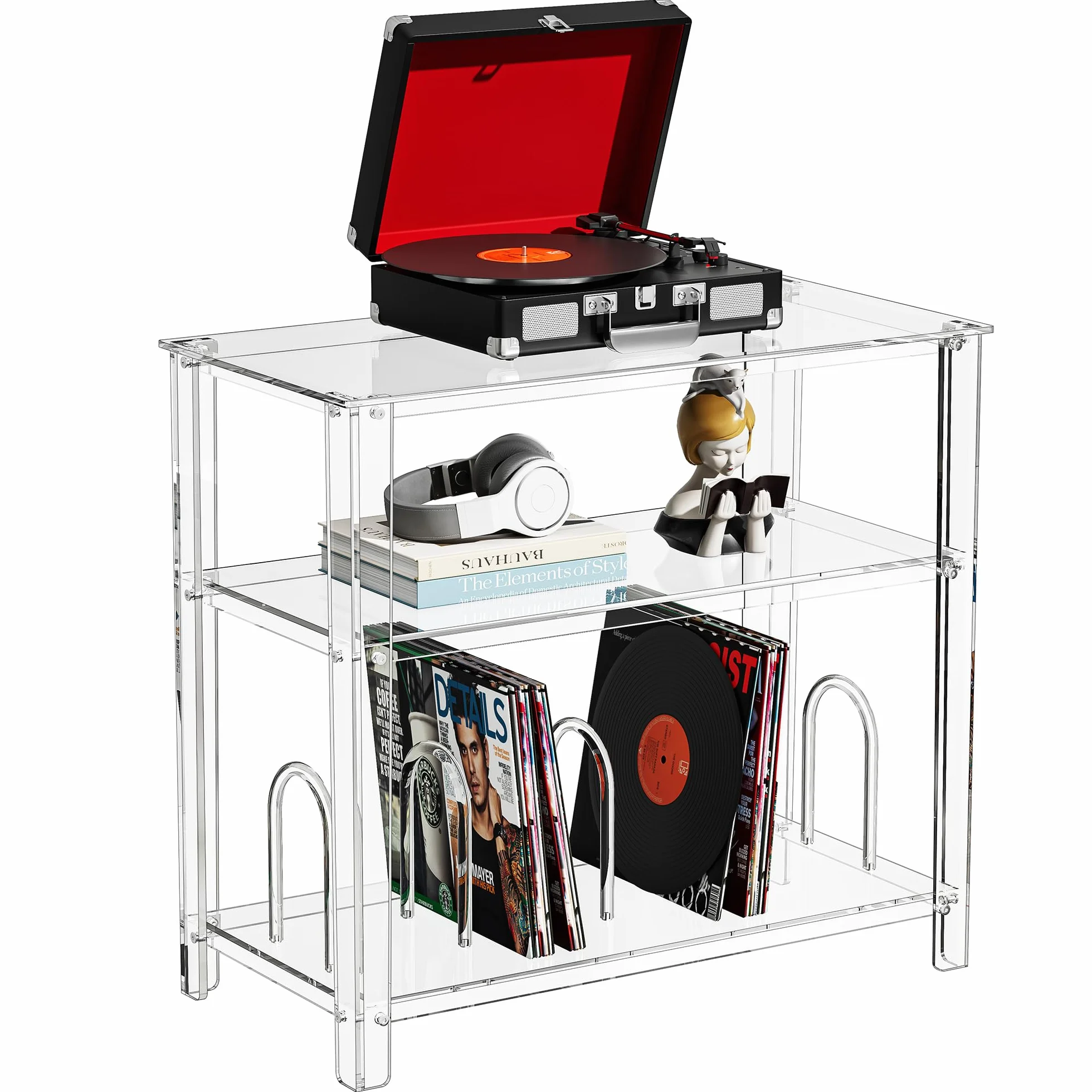 Mueble Tocadiscos, Acrilico Metacrilato, Soporte para Tocadiscos y Vinilo, Transparente, 80 x 40 x 74 cm