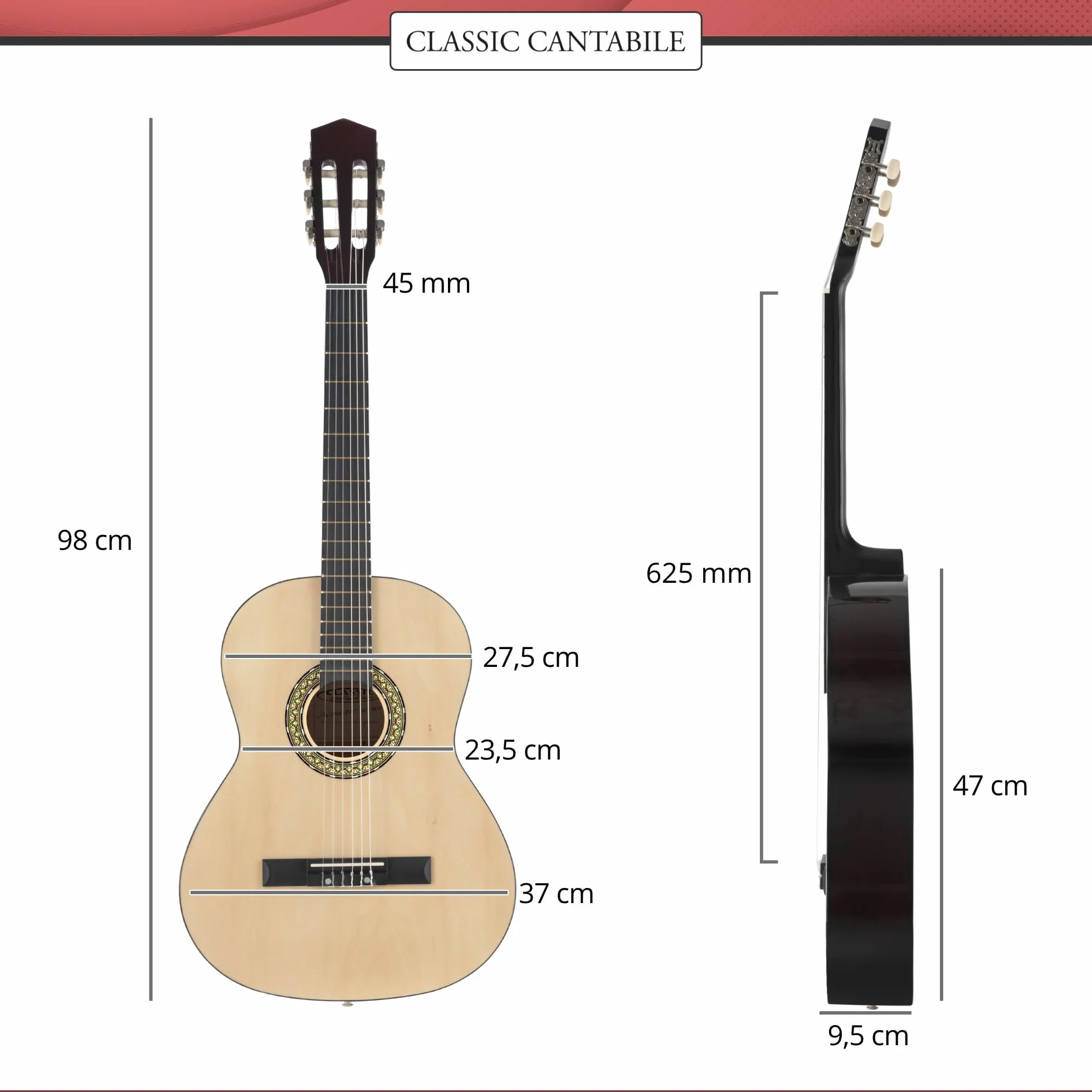 Classic Cantabile Acoustic Series AS-851-L Guitarra Clásica 7/8 para zurdos SET de inicio (guitarra de concierto, funda/bolsa, escuela, CD, DVD, púas, cuerdas, afinador) natural