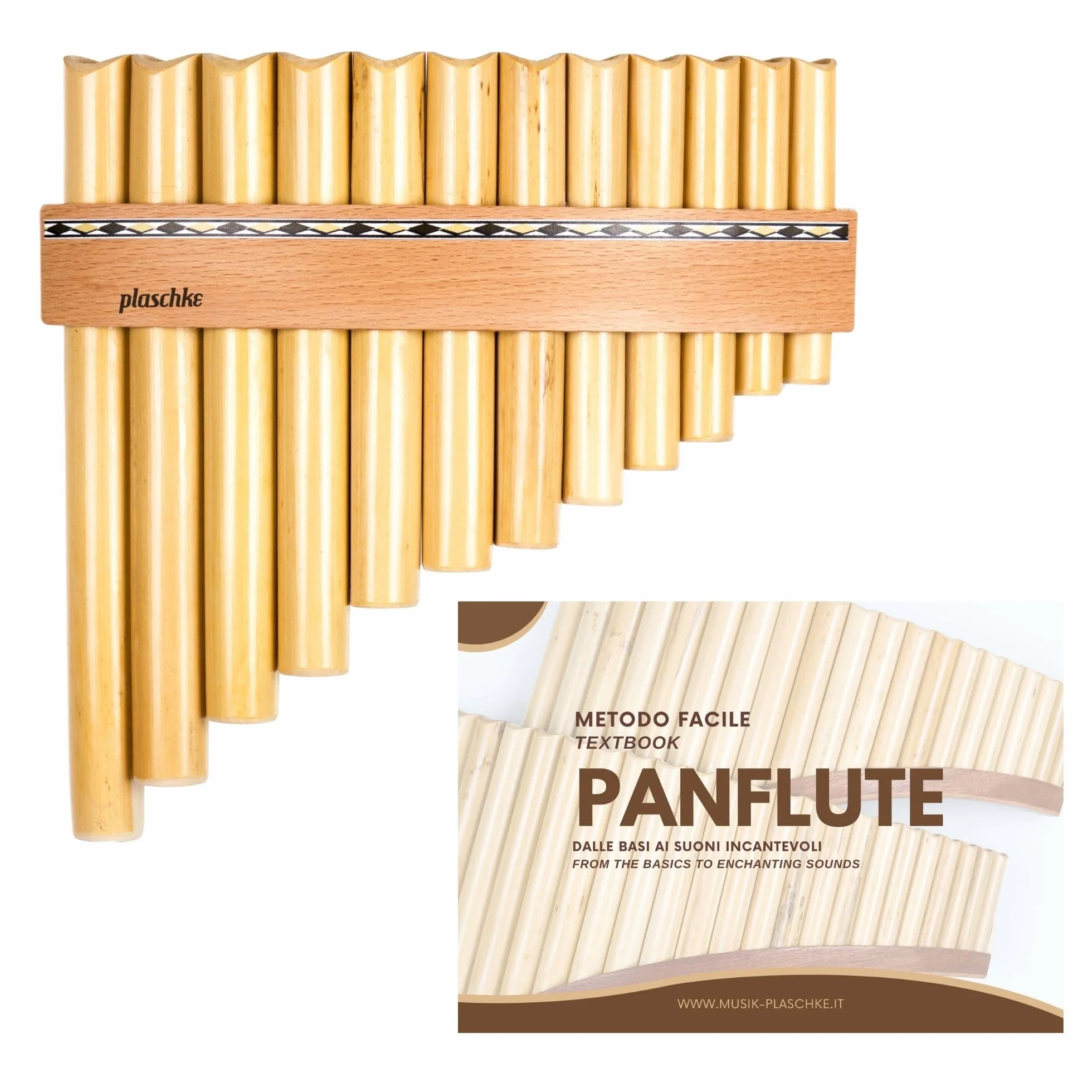 Plaschke Zampoña, Flauta de pan con cinturón de madera, hecha a mano con libro, made in Italy, 12 tubo