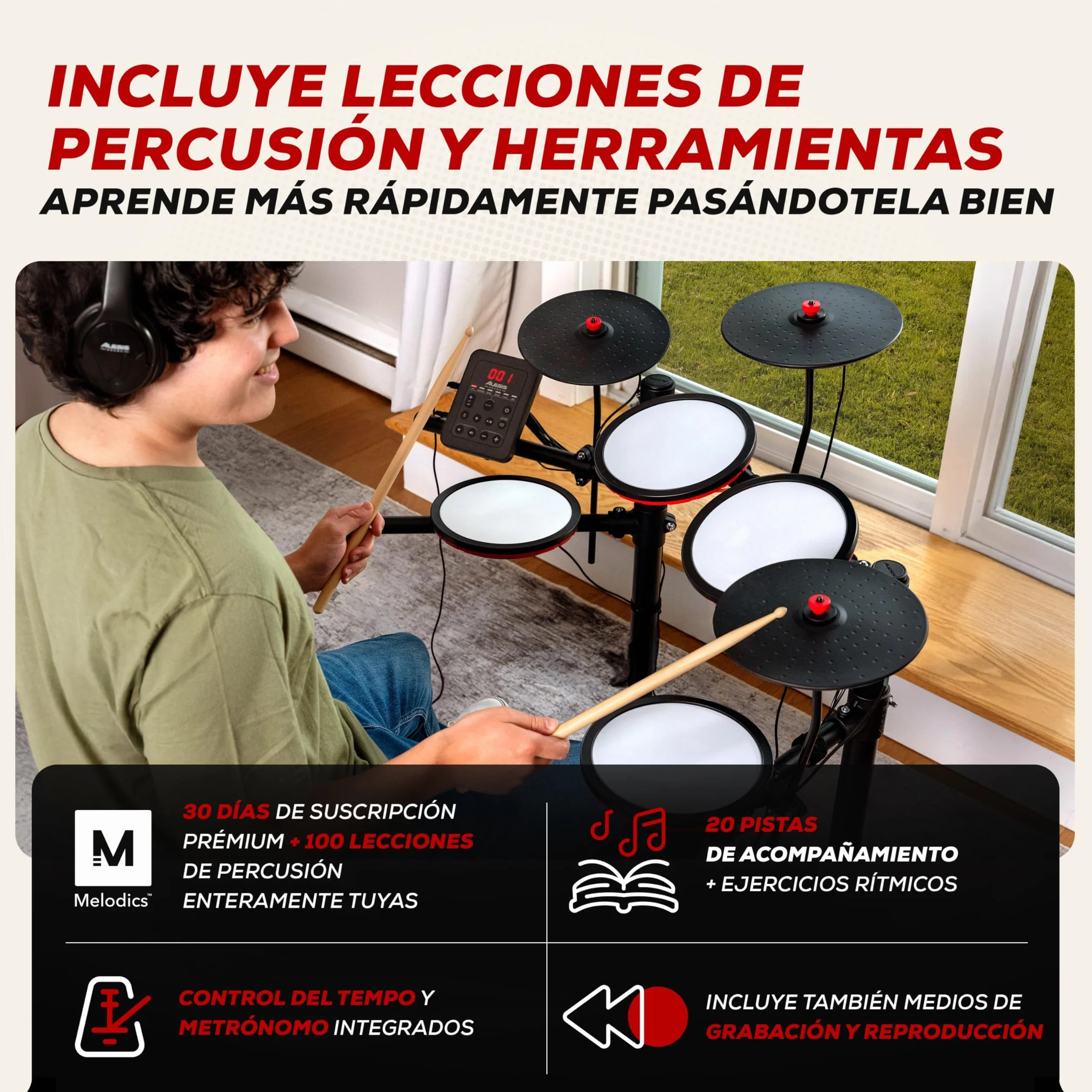Alesis Turbo Max Set de Batería Eléctronica con Parches de Malla Silenciosos de 8 Pulgadas, Lecciones de Percusión, Bluetooth y Accesorios