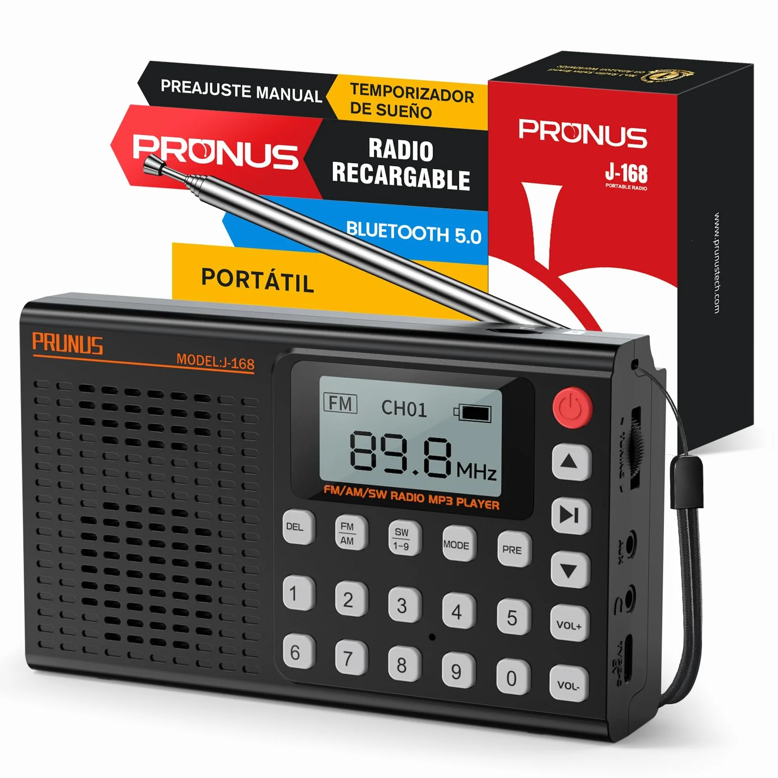 PRUNUS J-168 FM/Am/SW Radio Digital con Preajuste Manual, Radio Portatil Pequeña Recargable de 2000mah, Temporizador de Sueño, Excelente Recepción, Radios con Bluetooth 5.0, Reproductor de TF.