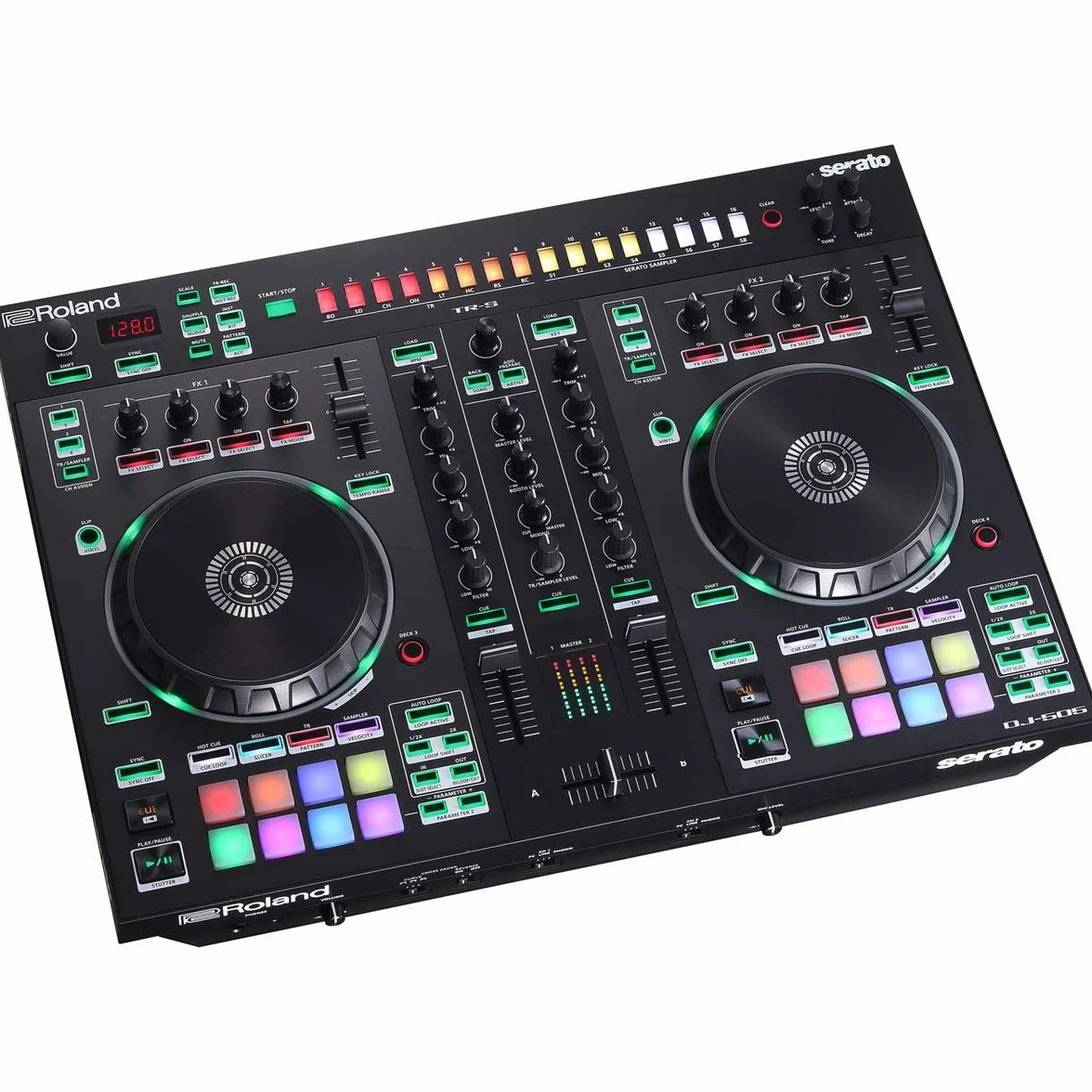 Controlador de DJ Roland DJ-505 — Dos canales y Deck Select para hasta cuatro decks — Controlador de DJ de gama alta en formato compacto