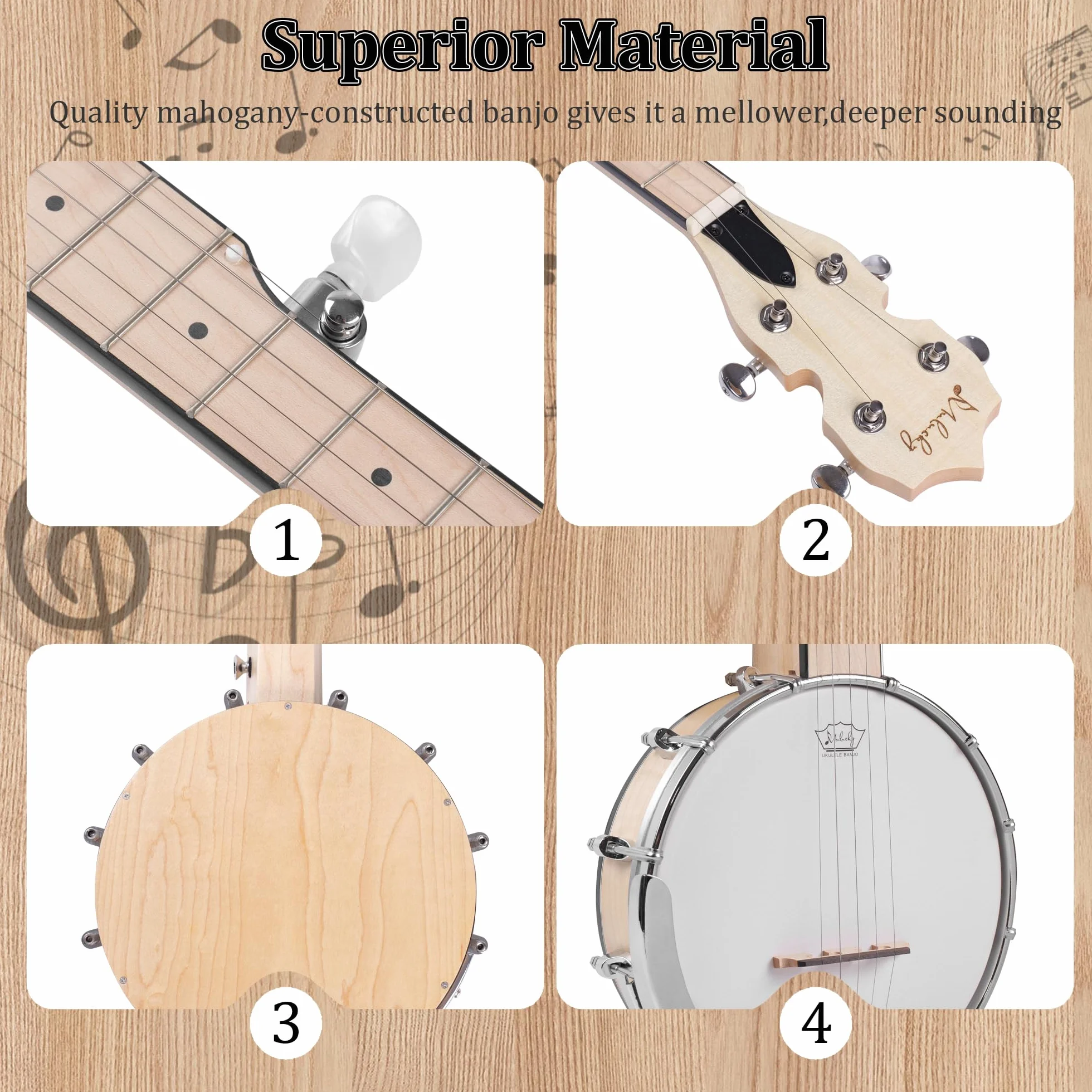 Mulucky B805 - Banjo Mini de 5 cuerdas, 66 cm, kit de viaje para principiantes, parte trasera sólida cerrada, con bolsa de concierto, afinador, púas, correa de cuerdas, B805