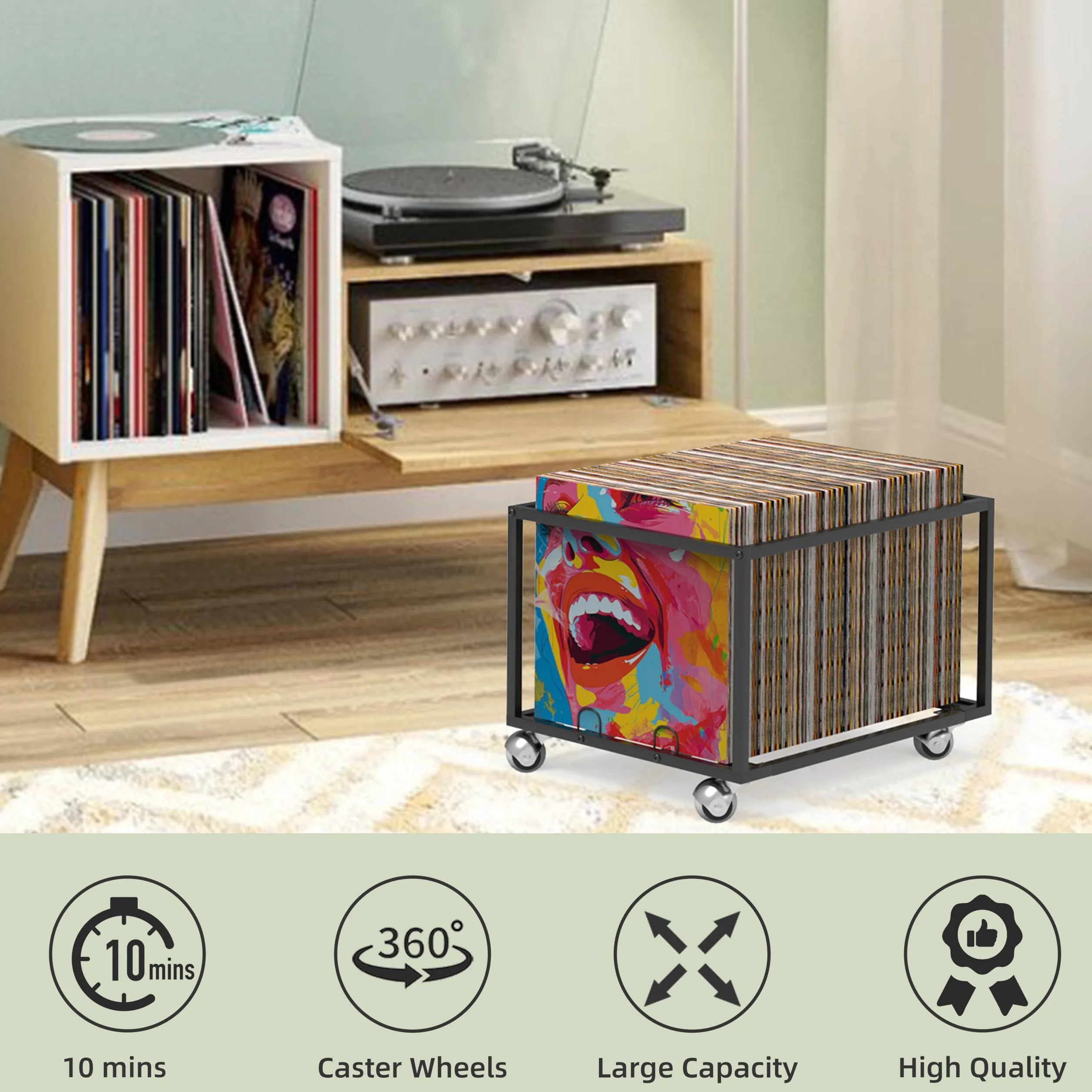 Almacenamiento de discos de vinilo sobre ruedas, estructura de metal resistente, capacidad para hasta 100 álbumes, elegante organizador para tu colección de vinilos