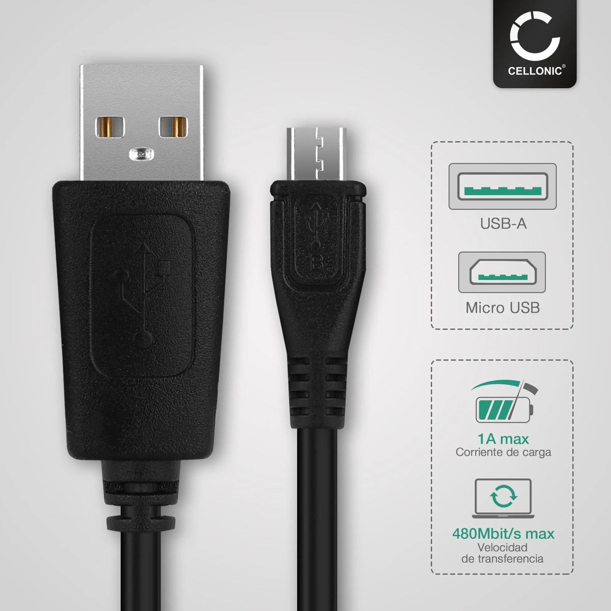 CELLONIC Cable de datos USB 2.0 para reproductor MP3 1m negro compatible con SanDisk Clip Sport Plus/Sansa Clip Plus, ZIP, JAM Cable Carga 1A Micro USB a USB A