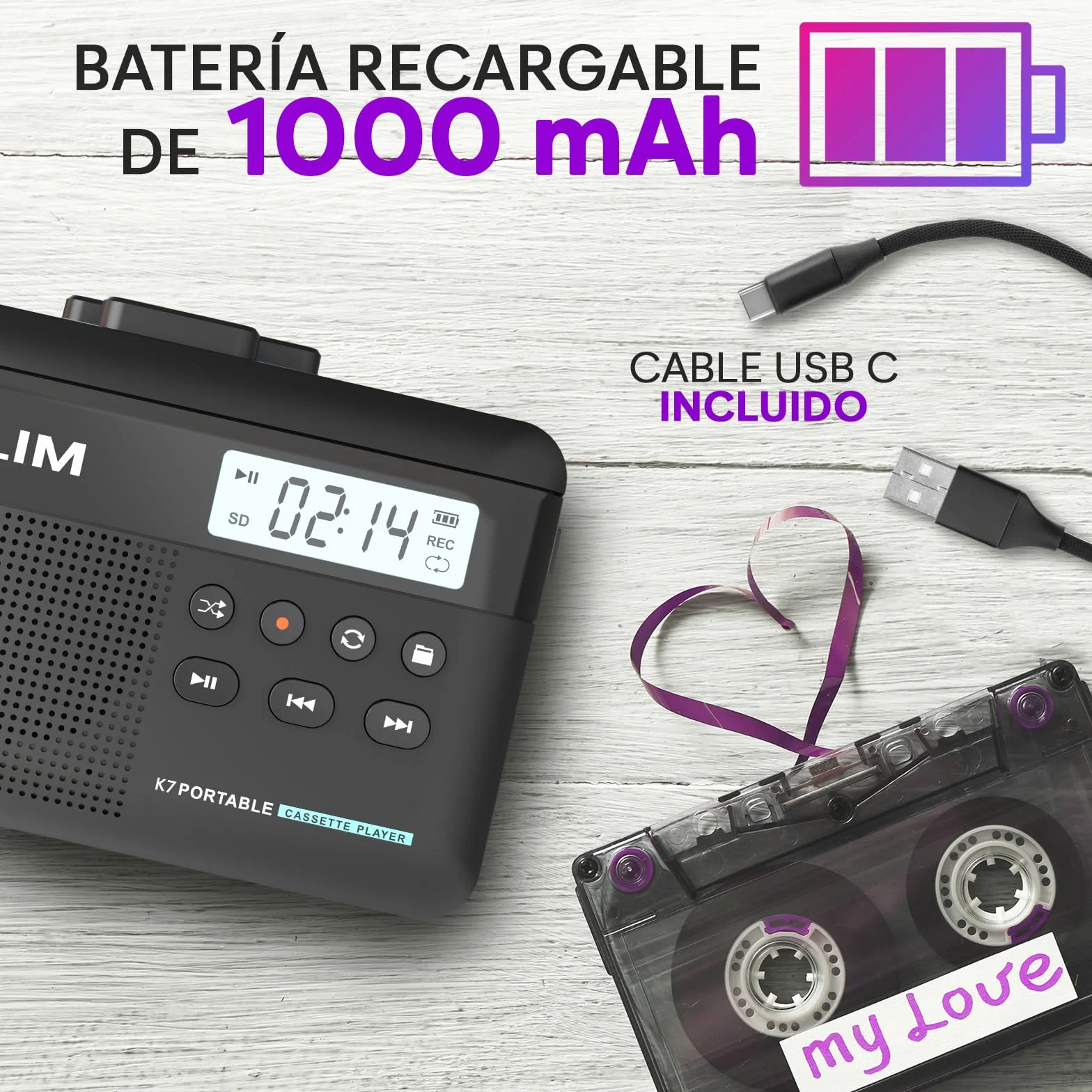 KLIM K7 Reproductor Cassette Portátil a MP3 con Micrófono y Altavoz Integrados, Batería Recargable, Auriculares, Tarjeta SD 8 GB Negro