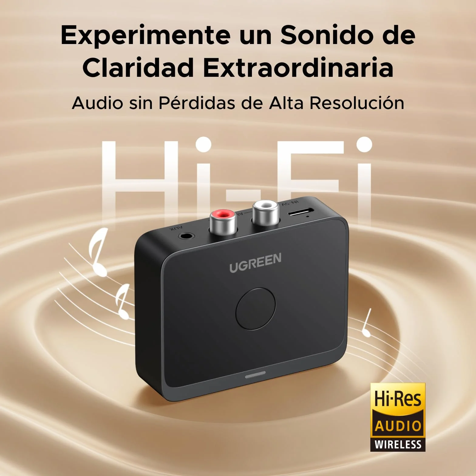 UGREEN Receptor Bluetooth 6.0 LDAC/SBC/AAC Audio USB-C Adaptador 2RCA 3.5 mm HiFi Baja Latencia Inalámbrico Compatible con Teléfono Tablet Altavoz Amplificador