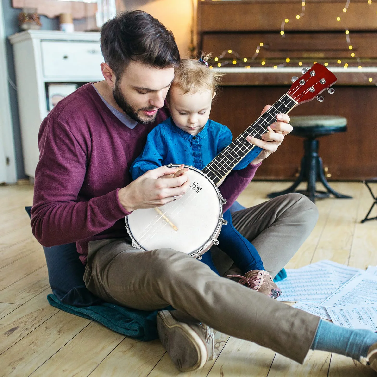 RELAX4LIFE Banjo de 4 cuerdas y 12 soportes portátil con bolsa, parte trasera sólida y cerrada y remo tambor, kit pequeño ukelele banjo de 62,5 cm, para niños, adultos, principiantes