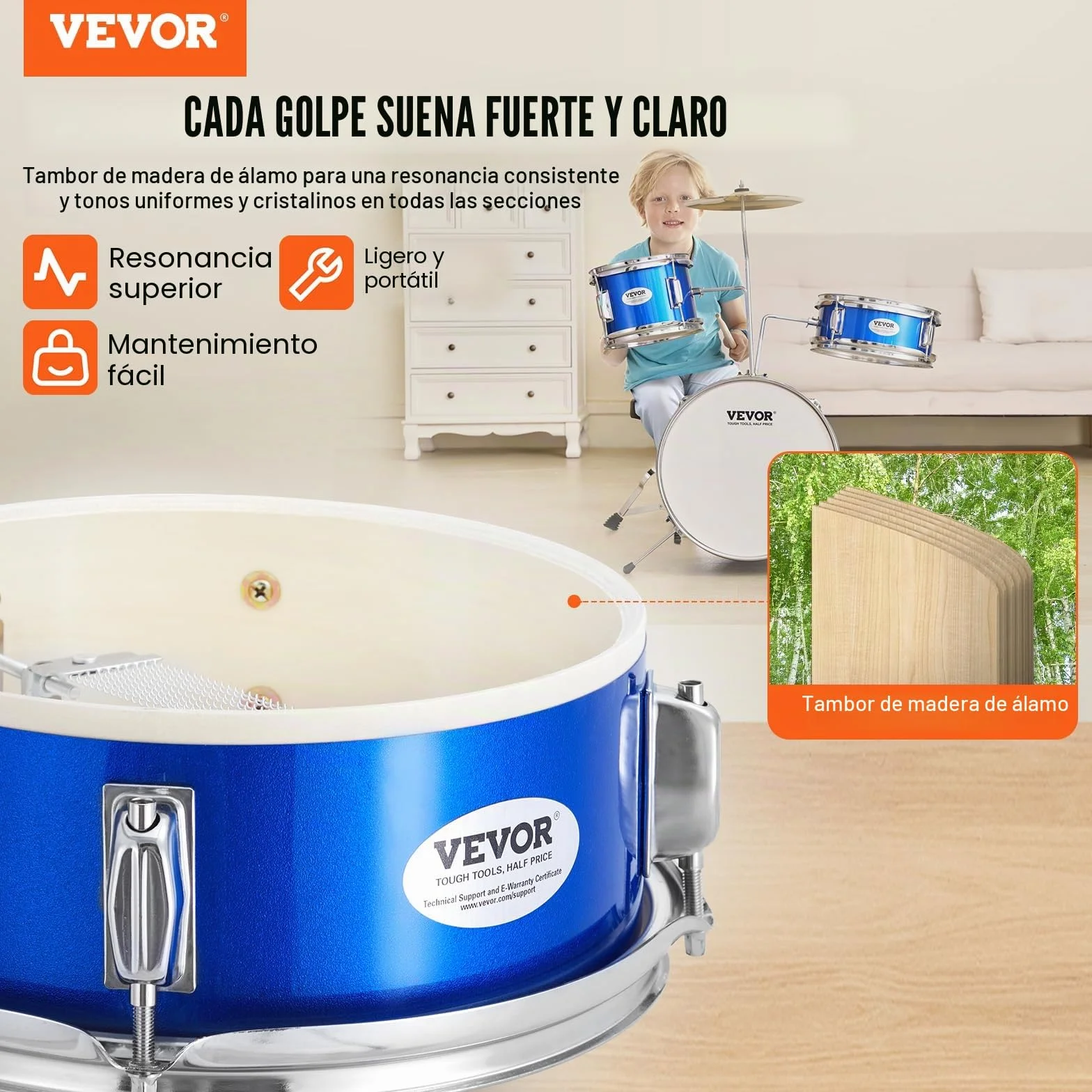 VEVOR Juego de Batería para Niños, 3 piezas, Juego de Batería para Principiante con Pedal de Platillo de Trono Ajustable dos Pares de Baquetas, Tom, Caja, Bombo, Kit de Batería de Iniciación, Azul