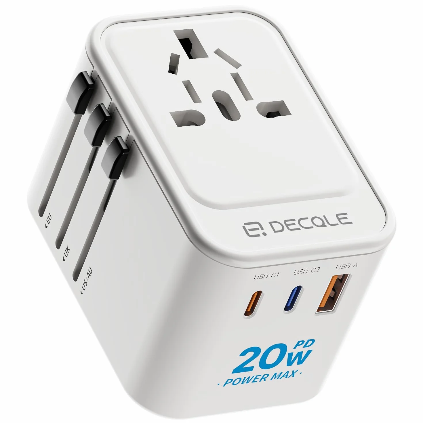 Adaptador Enchufe Universal de Viaje con 2 USB-C PD 20W y 1 USB-A para EU Reino Unido EE. UU. Canadá Australia 224 Países Blanco