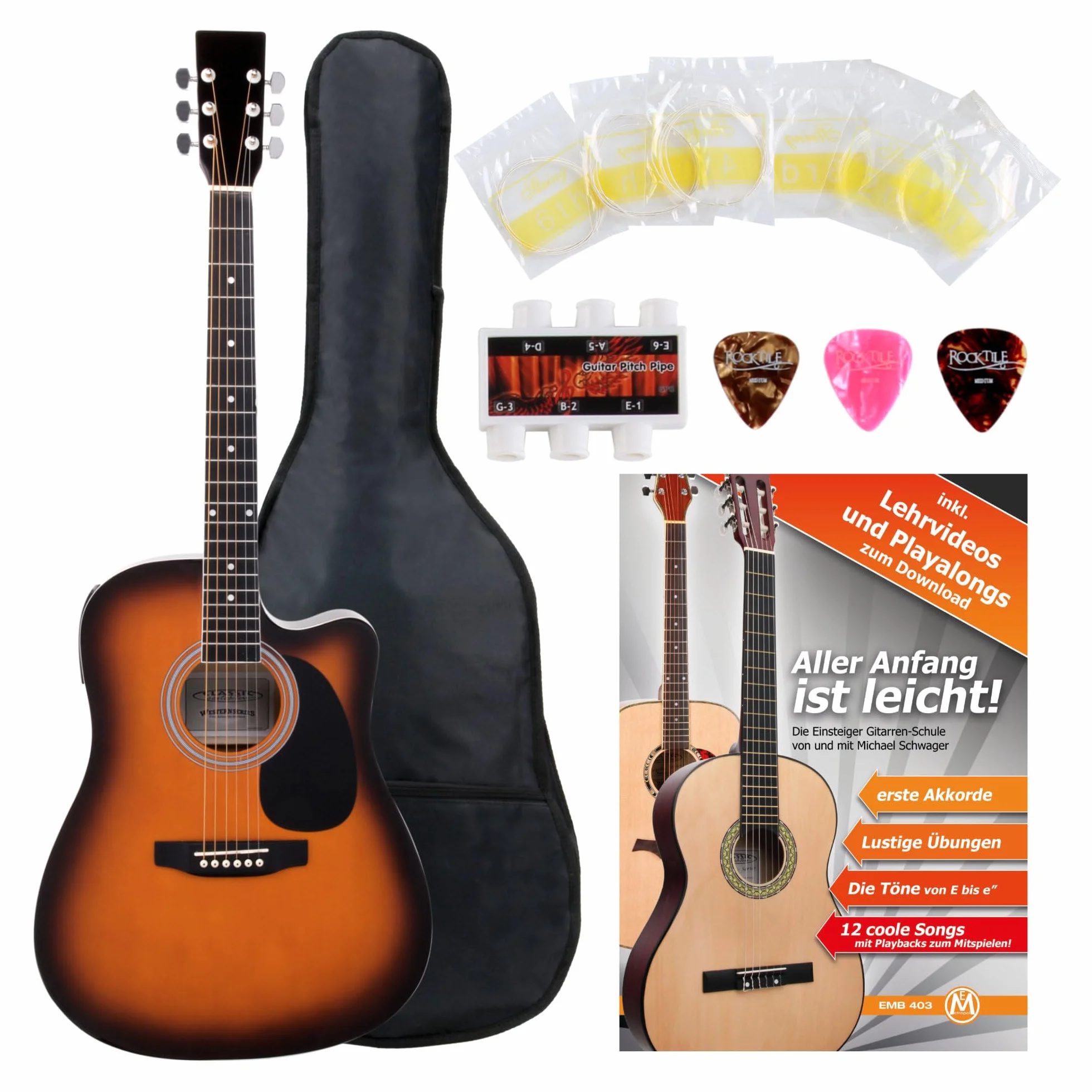 Classic Cantabile WS-10SB-CE Guitarra Western Dreadnought Cutaway, 6 cuerdas, 20 trastes, con pastilla, accesorios, funda, libro de partituras, cuerdas y púas, acabado sunburst.
