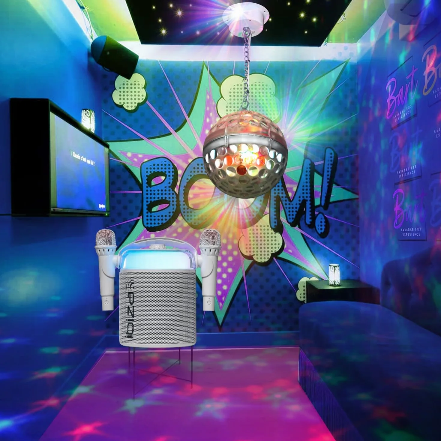 Ibiza Sound – Pack Karaoke Altavoz portátil Bluetooth inalámbrico KARAHOME-WH 120 W USB SD 2 micrófonos – Bola Disco LED RGB Astro-BALL8 Niño