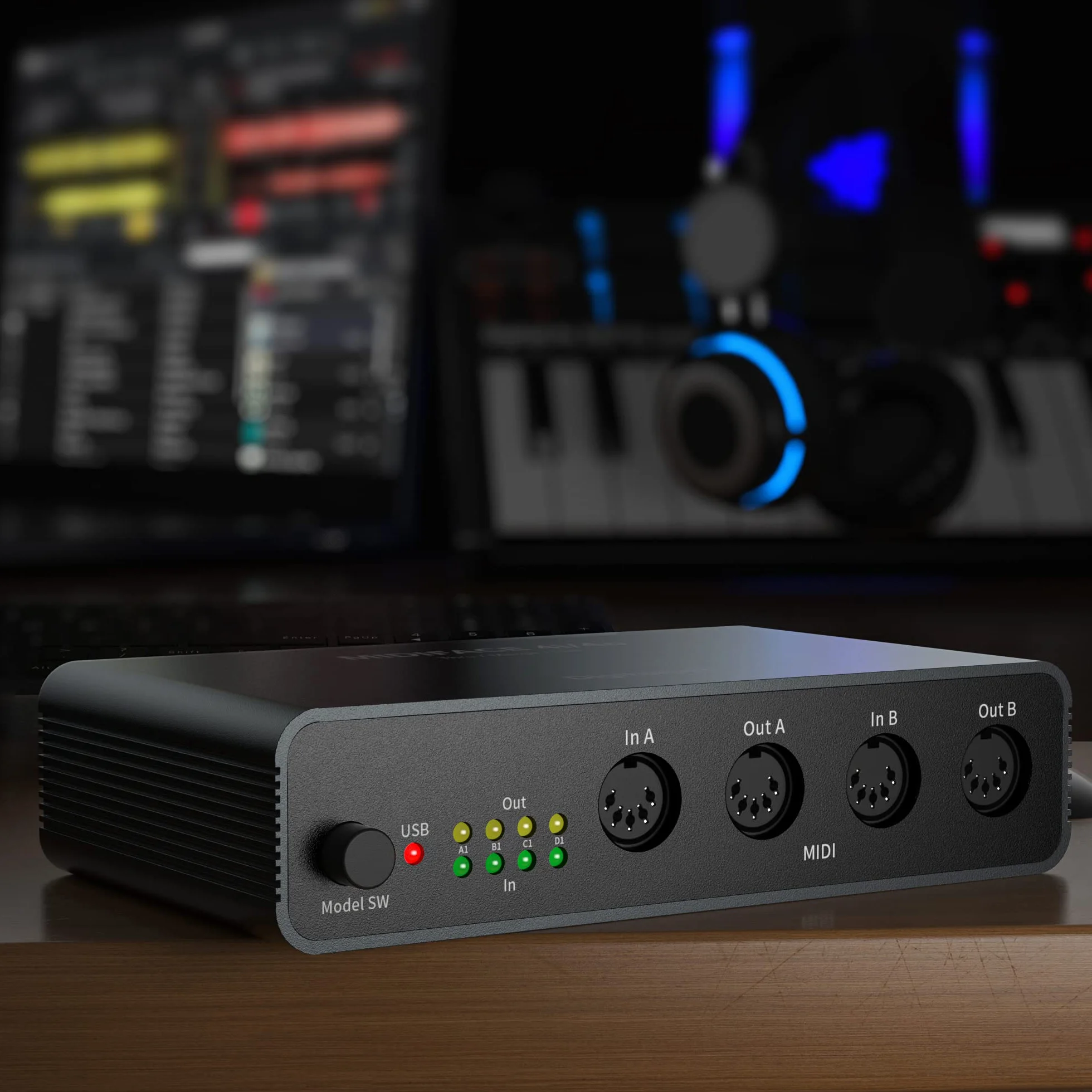 DigitalLife Quad I/O Pro 4x4 Interfaz MIDI USB – Merge/Thru/Splitter de 5-Pin DIN, Carcasa Metálica con 8 Indicadores LED | Compatible con Teclados, Sintetizadores y Drum Machines | UMB06-B