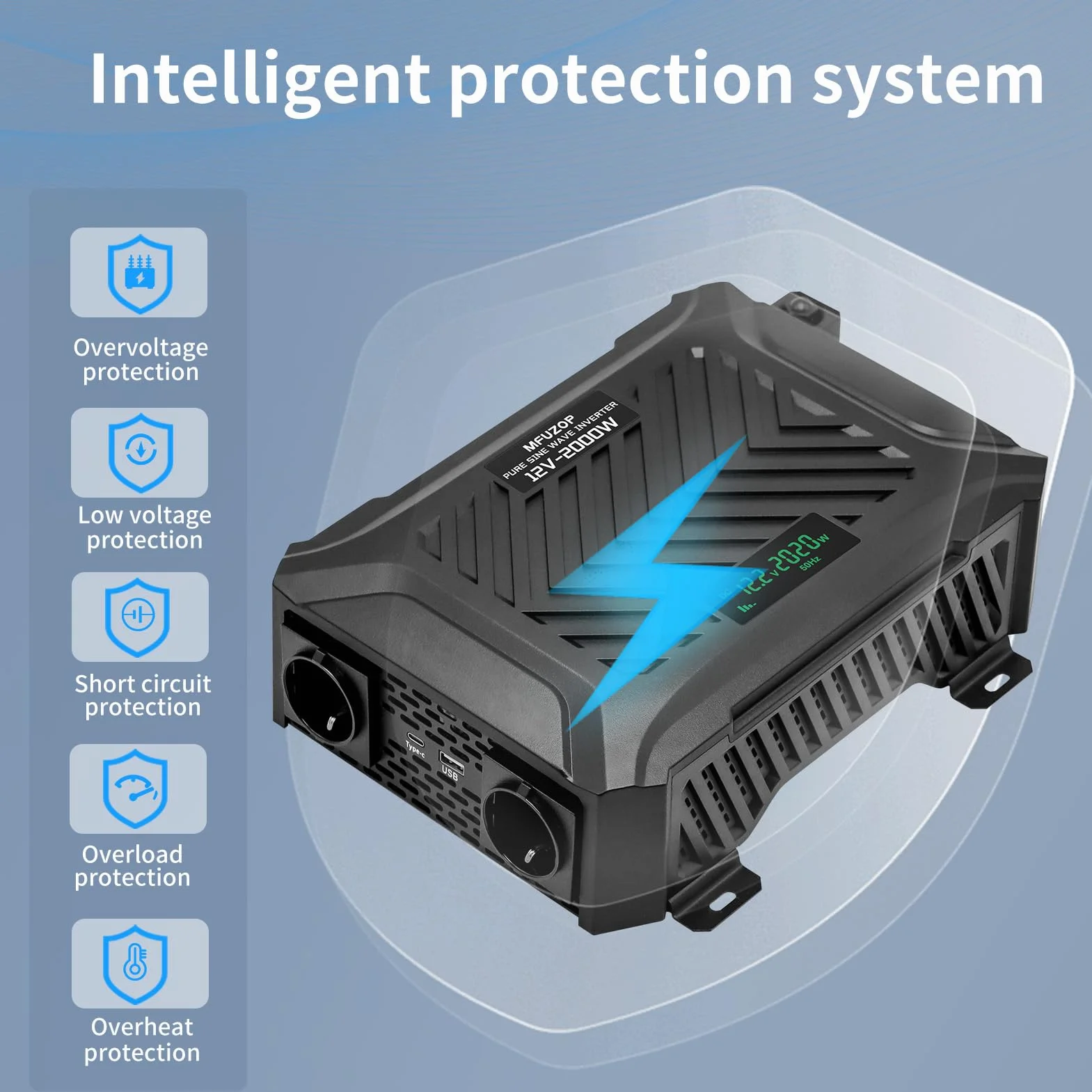 Inversor 12V 220V Onda Pura 2000W, Transformador con 2 Enchufes EU, Convertidor Potencia Pico 4000W, 1 USB-C & 1 USB-A (2,1A) para Camión Caravana Equipos Solares