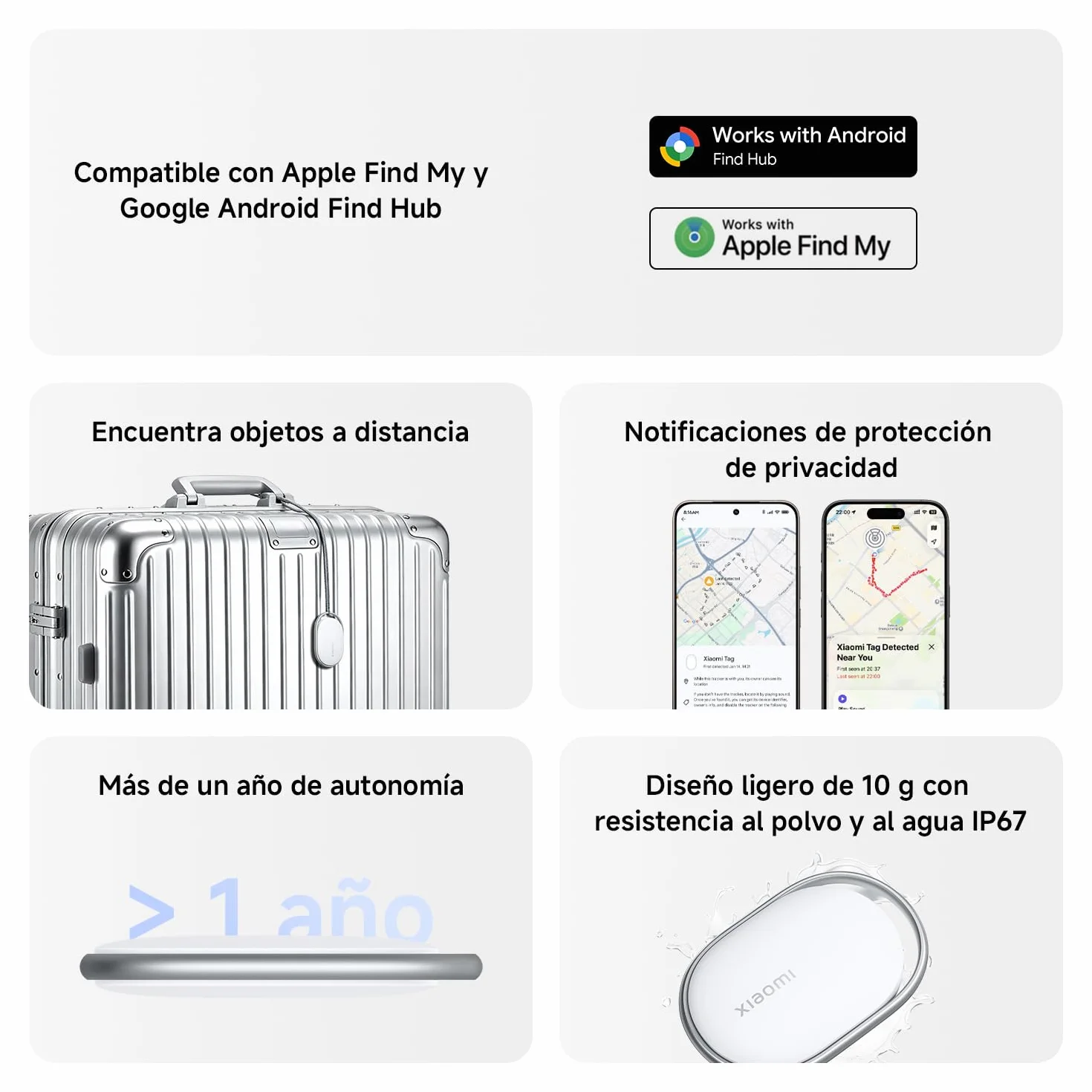 Xiaomi Smart Tag, Compatible con Apple Find My y Google Android Find Hub, localizador, buscador para Equipaje/Bolsos/Carteras/Mascotas, IP67, batería con más de 1 año de autonomía, Pack de 1