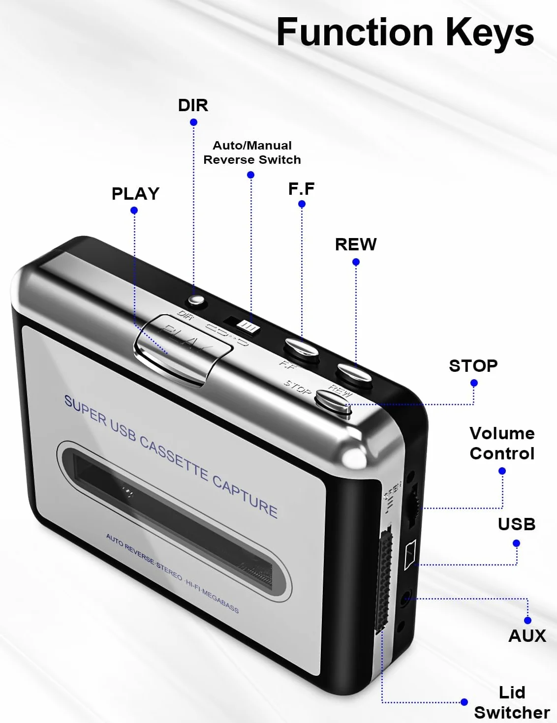 Reproductor de casete portátil con grabador MP3, compatible con PC/Mac, plata