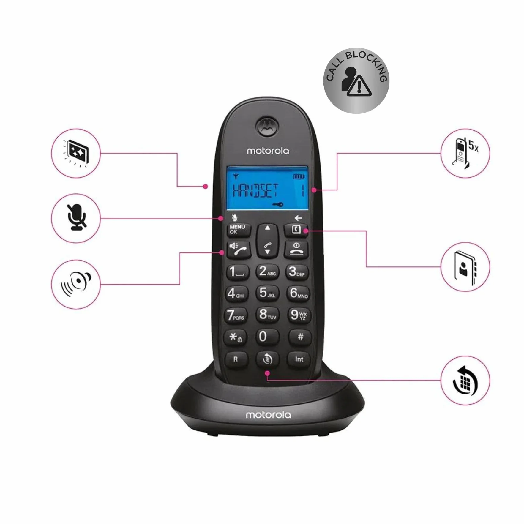Motorola C1001CB+ Teléfono Inalámbrico Digital DECT Negro con Bloqueo de Llamadas y Manos Libres