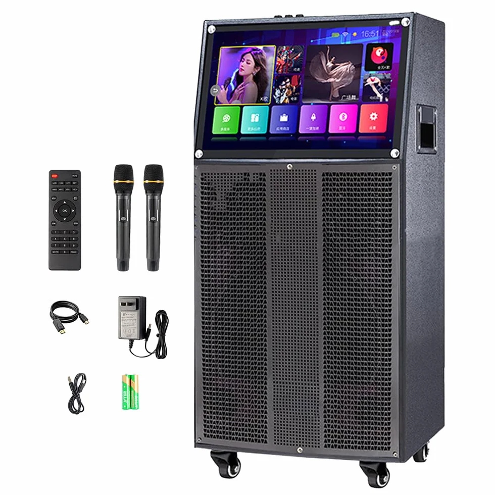 14" Máquina de Karaoke con Pantalla táctil | Sistema de PA portátil con 2 micrófonos inalámbricos | Altavoz WiFi Bluetooth para Fiesta al Aire Libre en casa |Sistema Android 40-400W
