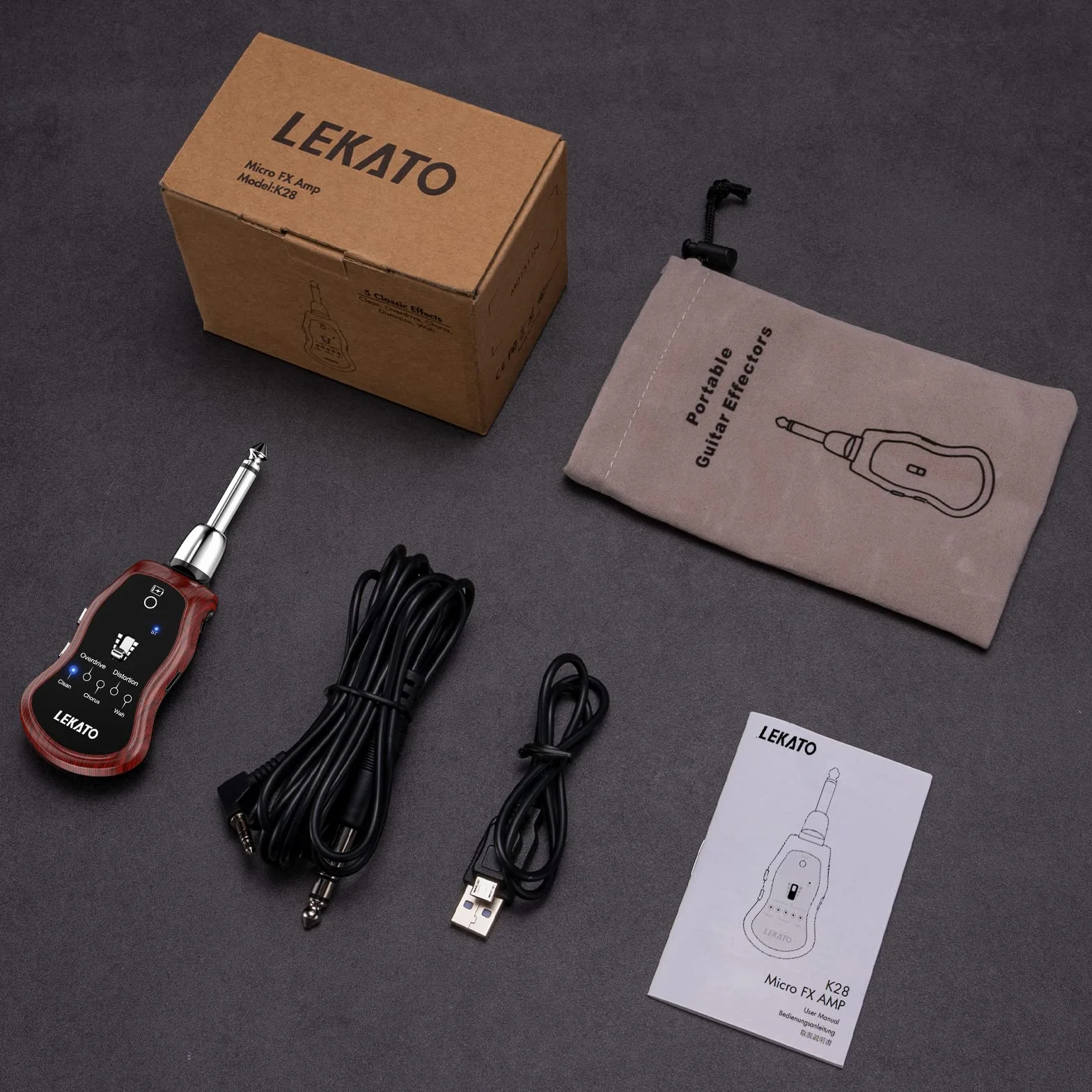 LEKATO Mini Amplificador de Guitarra Recargable de Bolsillo con Receptor Bluetooth, distorsión de sobremarcha y Wah