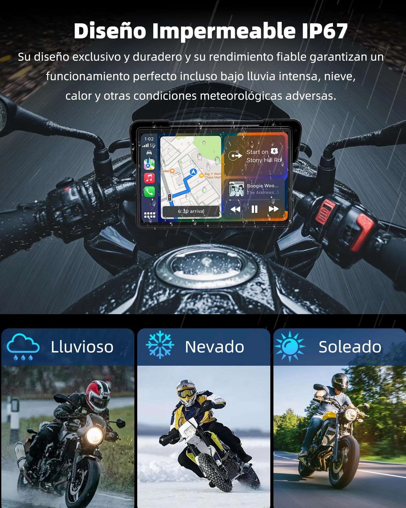 Jansite 7 Pulgadas Carplay Motorcycle GPS Android Auto Navigation con Bluetooth Impermeable IP67