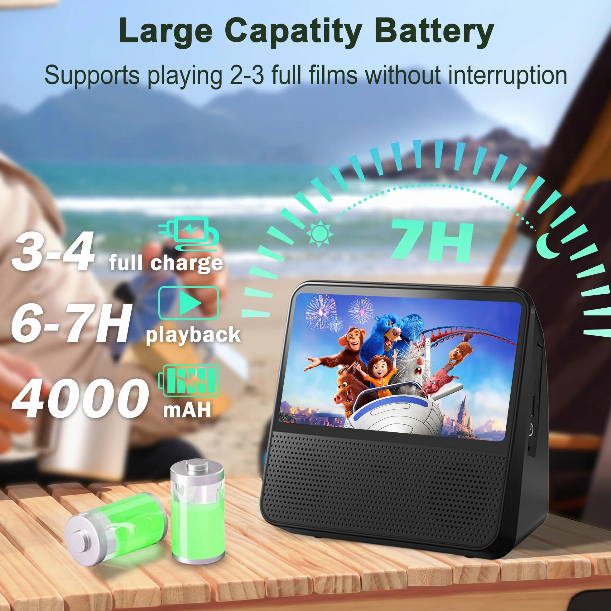 4000mAh Reproductor DVD Portátil Recargable, HD 9,8" DVD Player Todas Las regiones, Compatible con DVD/CD/Bluetooth/AUX/RCA/USB, Temporizador, Control de Brillo, Música Bluetooth, Mando a Distancia
