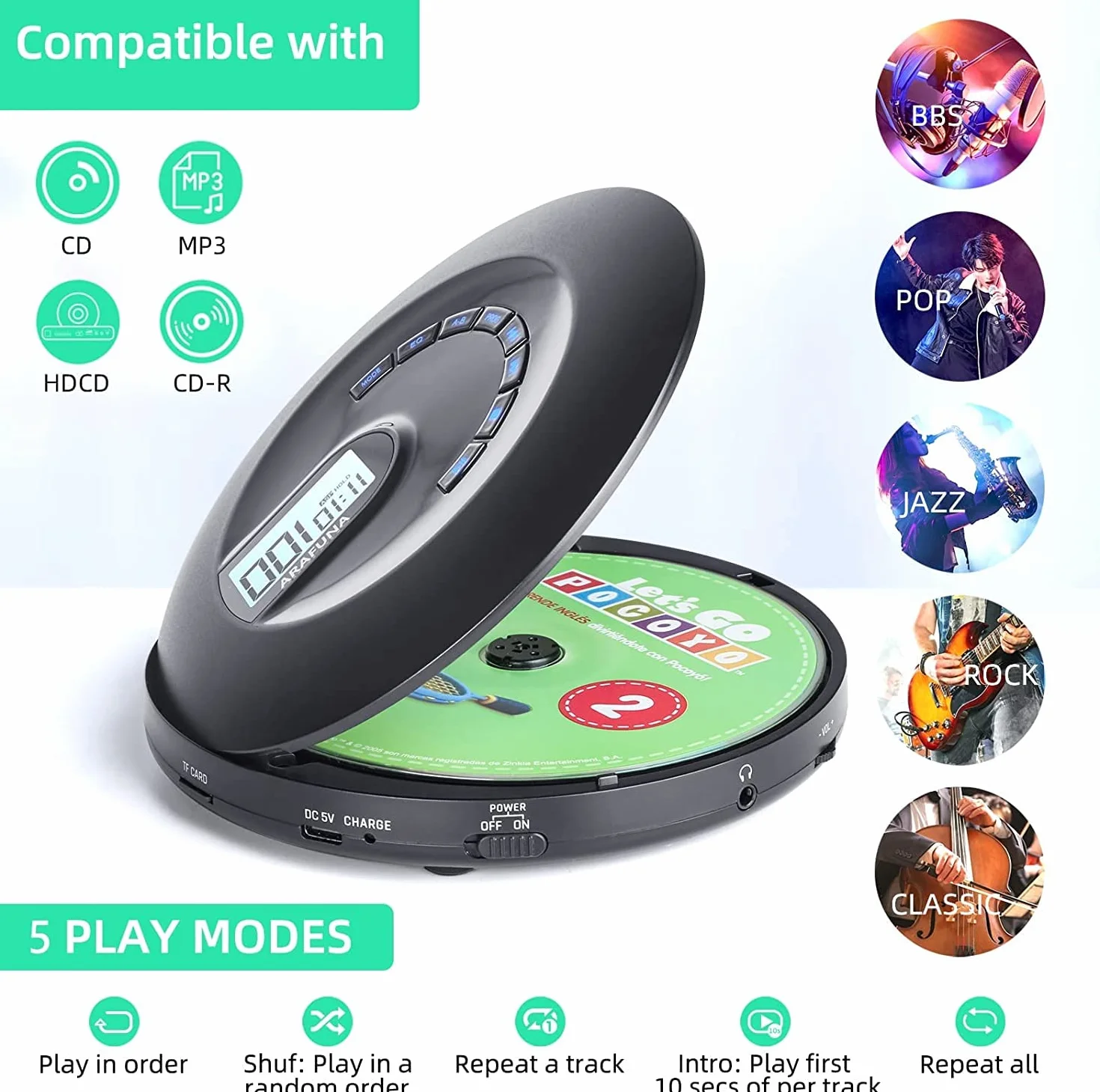 Reproductor de CD Portátil Recargable con Auriculares Antisaltos para Coche Viajes