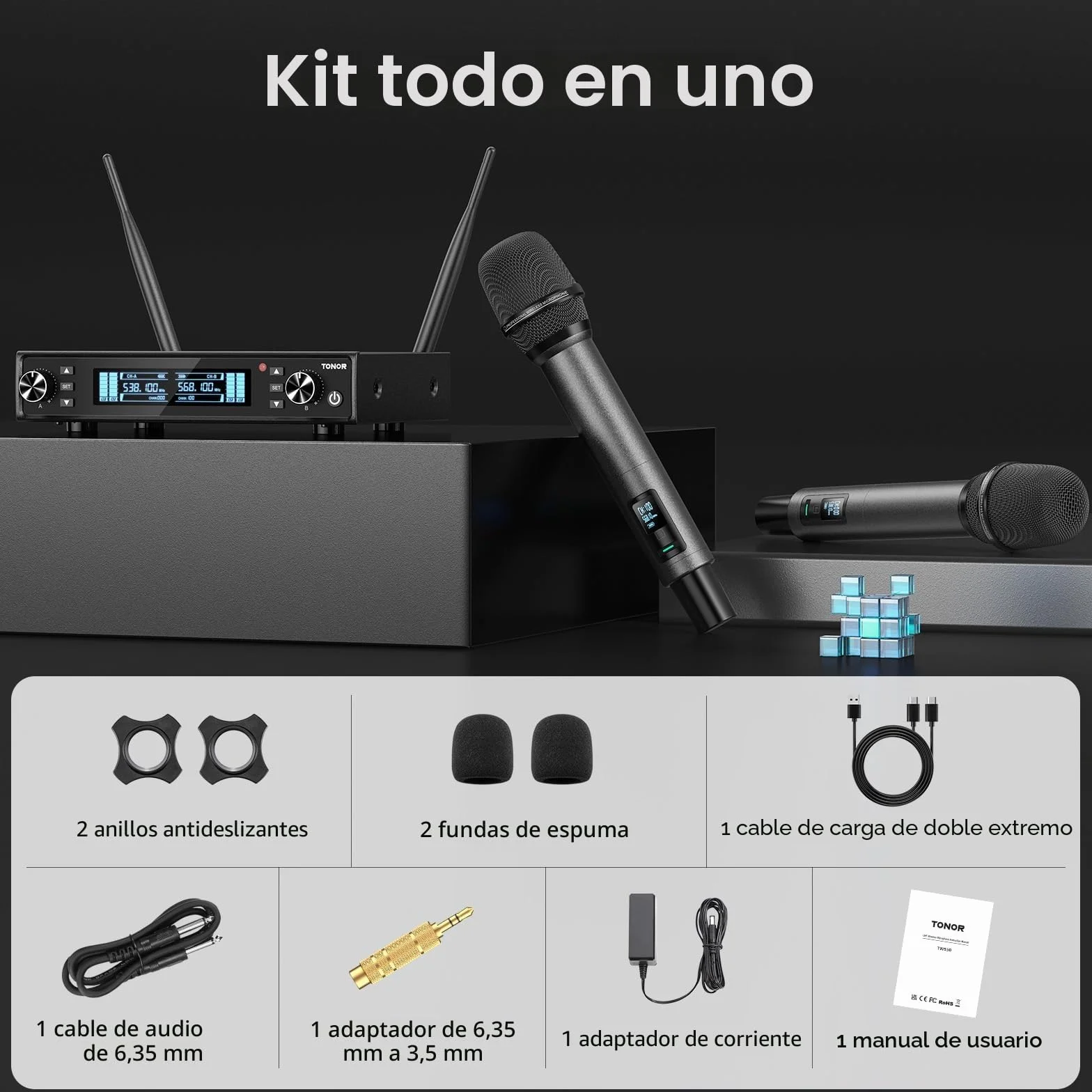 TONOR Sistema de Micrófono Inalámbrico, Micrófono Profesional Recargable, Micrófono Dinámico Inalámbrico de Metal UHF 2x100 para KaraokeIglesia, Canto, Bodas, Reuniones, DJ, Auto Scan, 80 M, TW550