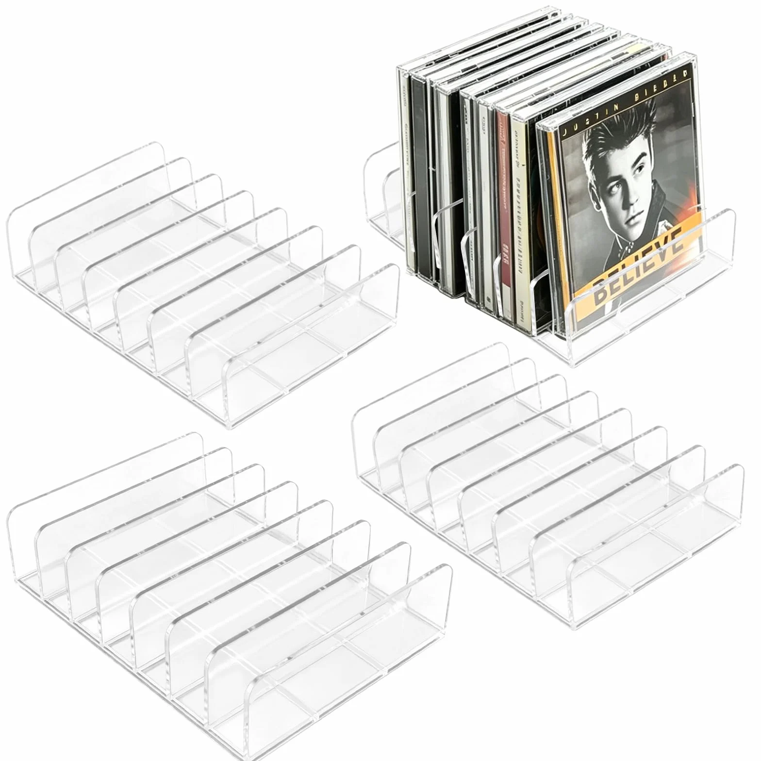 Organizador transparente para CD/DVD de acrílico – Conjunto de 4 piezas – Almacenamiento para CDs, DVDs, cintas, cintas de juegos y libros – Diseño elegante con soporte estable para una presentación