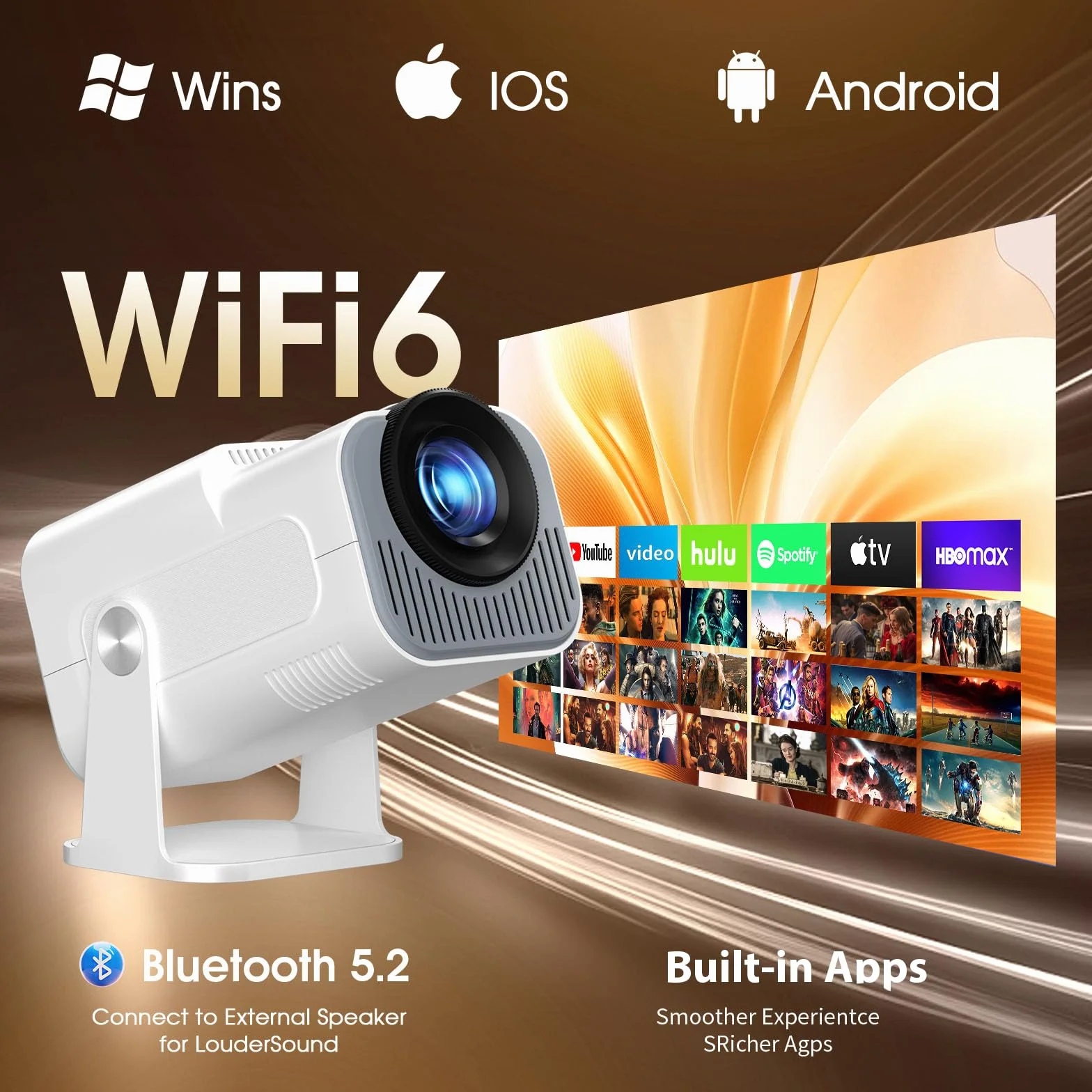 Proyector Portátil 1920x1080P 4K WiFi 6 BT5.2 180° Rotation HDMI USB Blanco