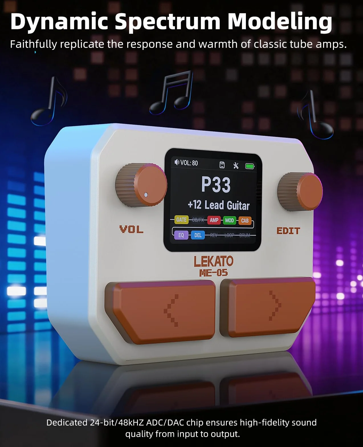 LEKATO Pedal Multiefectos para Guitarra Bajo Procesador de Múltiples Efectos 10 Módulos, 99 Presets, 30 Amp/Cab Procesador de Efectos, Interfaz de audio USB OTG y BT, pantalla LCD de 2", Blanco