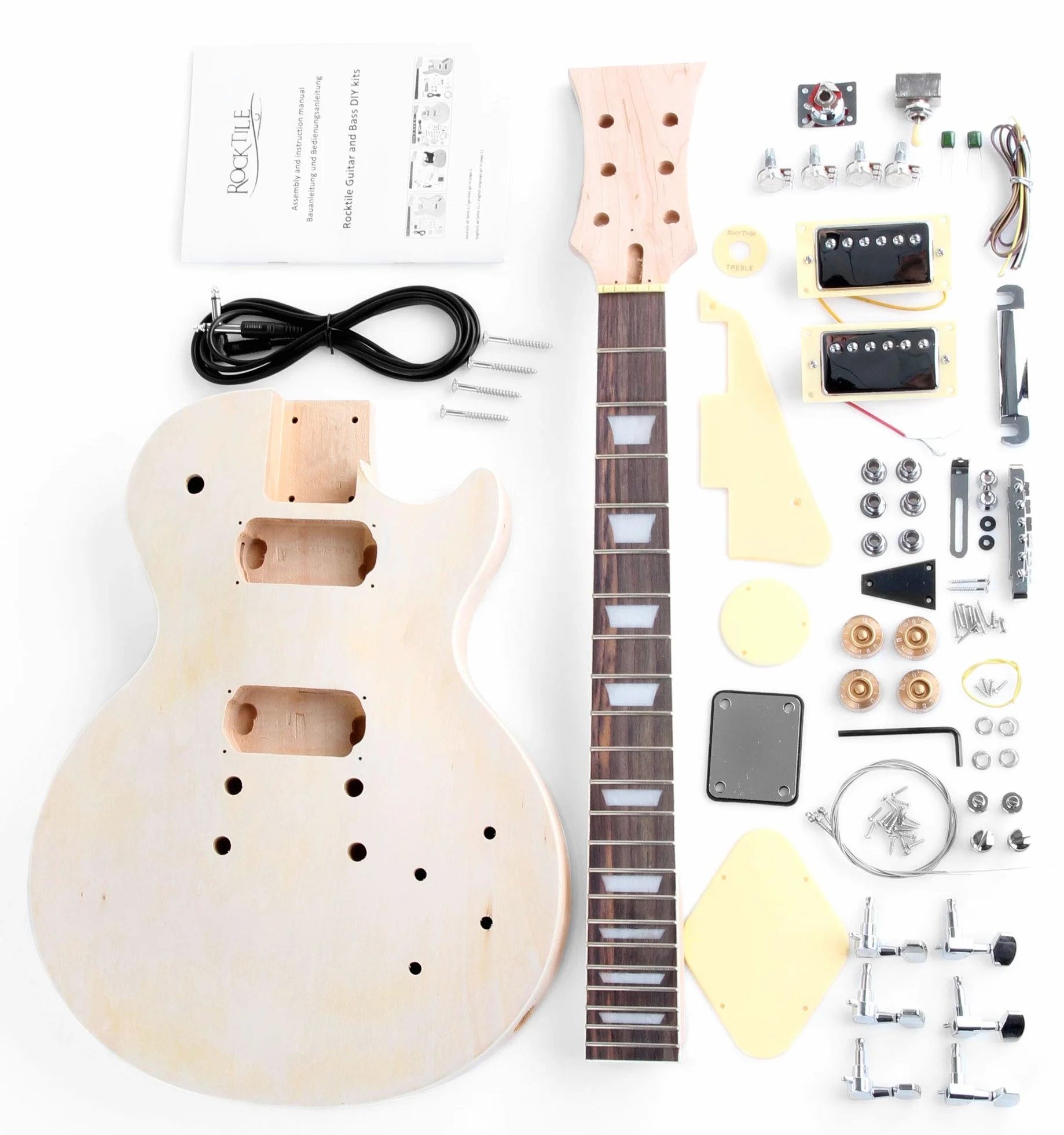 Rocktile Kit Guitarra Eléctrica Single Cut - DIY cuerpo caoba con tapa álamo, 2x humbuckers, diapasón palisandro, mástil atornillado