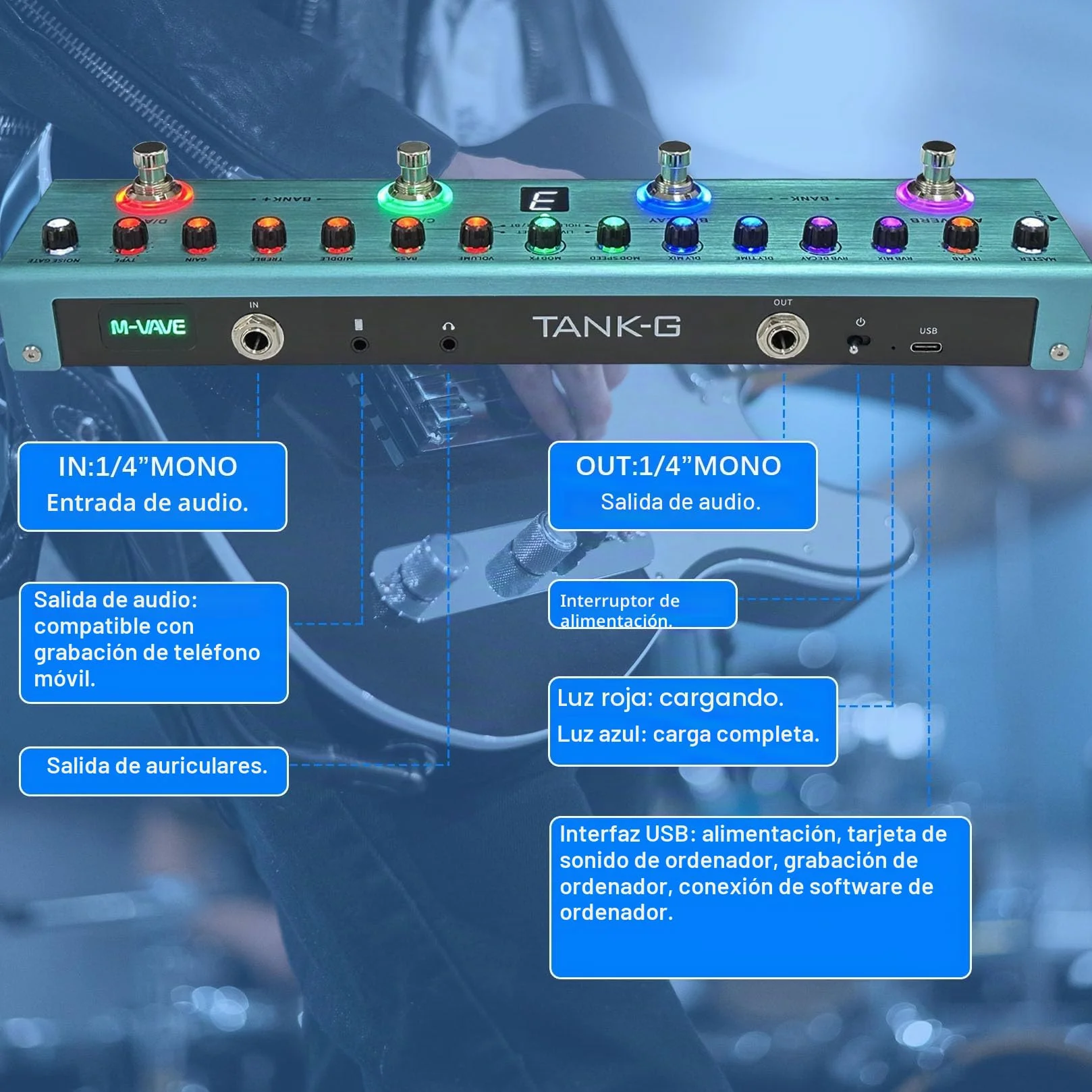 M-VAVE Pedal de guitarra TANK G V2 digital multiefecto con reverberación, retardo, MOD y amplificador, batería de litio recargable incorporada.
