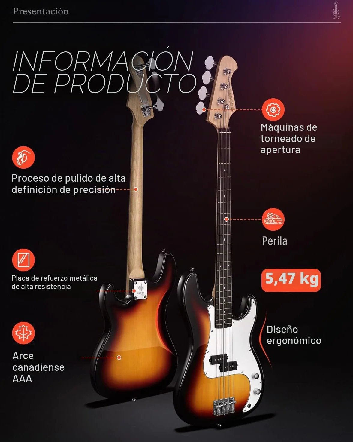 Donner 4 cuerdas Bajo Eléctrico Tamaño Completo con bolsa, correa de guitarra y cable de guitarra (Sunburst, DPB-510S)