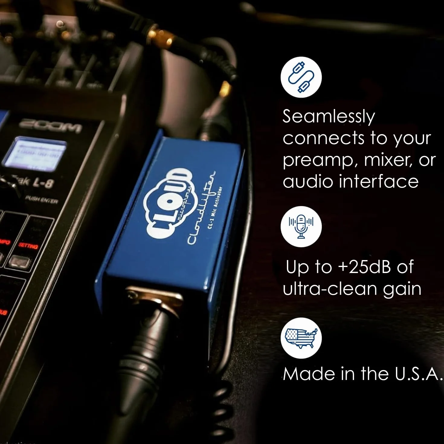 Cloud Microphones - Cloudlifter CL-1 - Paquete de activador de micrófono con cable Get Lifted Studio azul con XLR dorado (2 artículos) (10 pies)