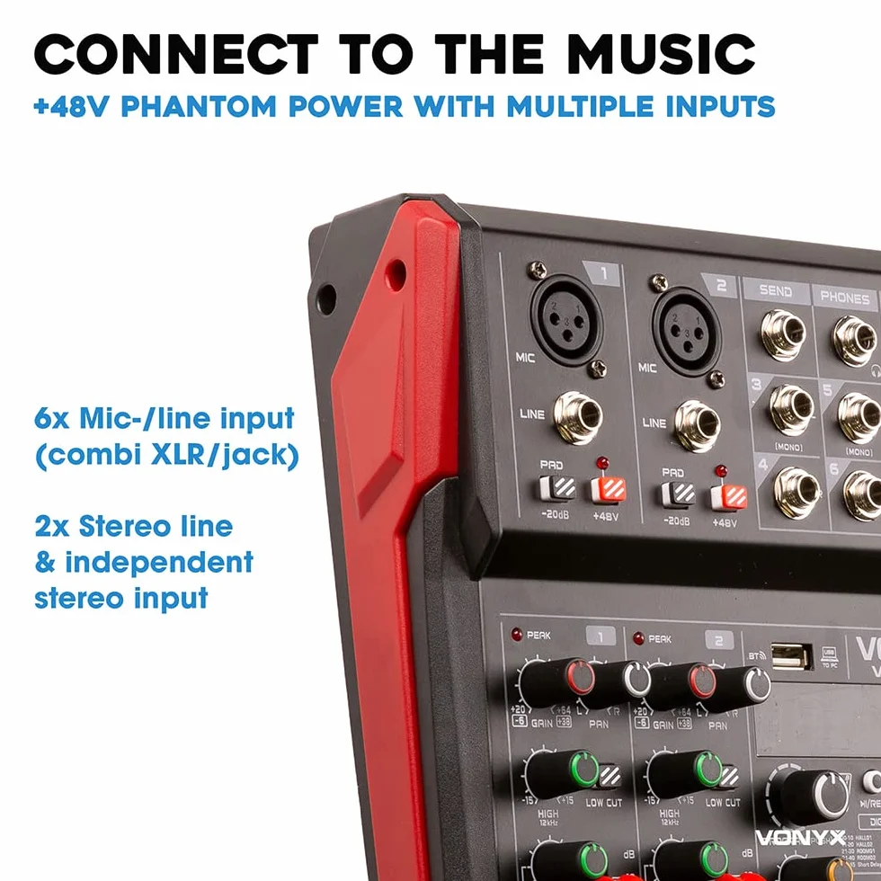 Vonyx VM-KG06 Mezclador analógico de audio de 6 canales con Bluetooth para grupos de música, 2 entradas XLR de micrófono con +48v, 2 entradas de linea con jack, Procesados de efectos DSP, USB/MP3