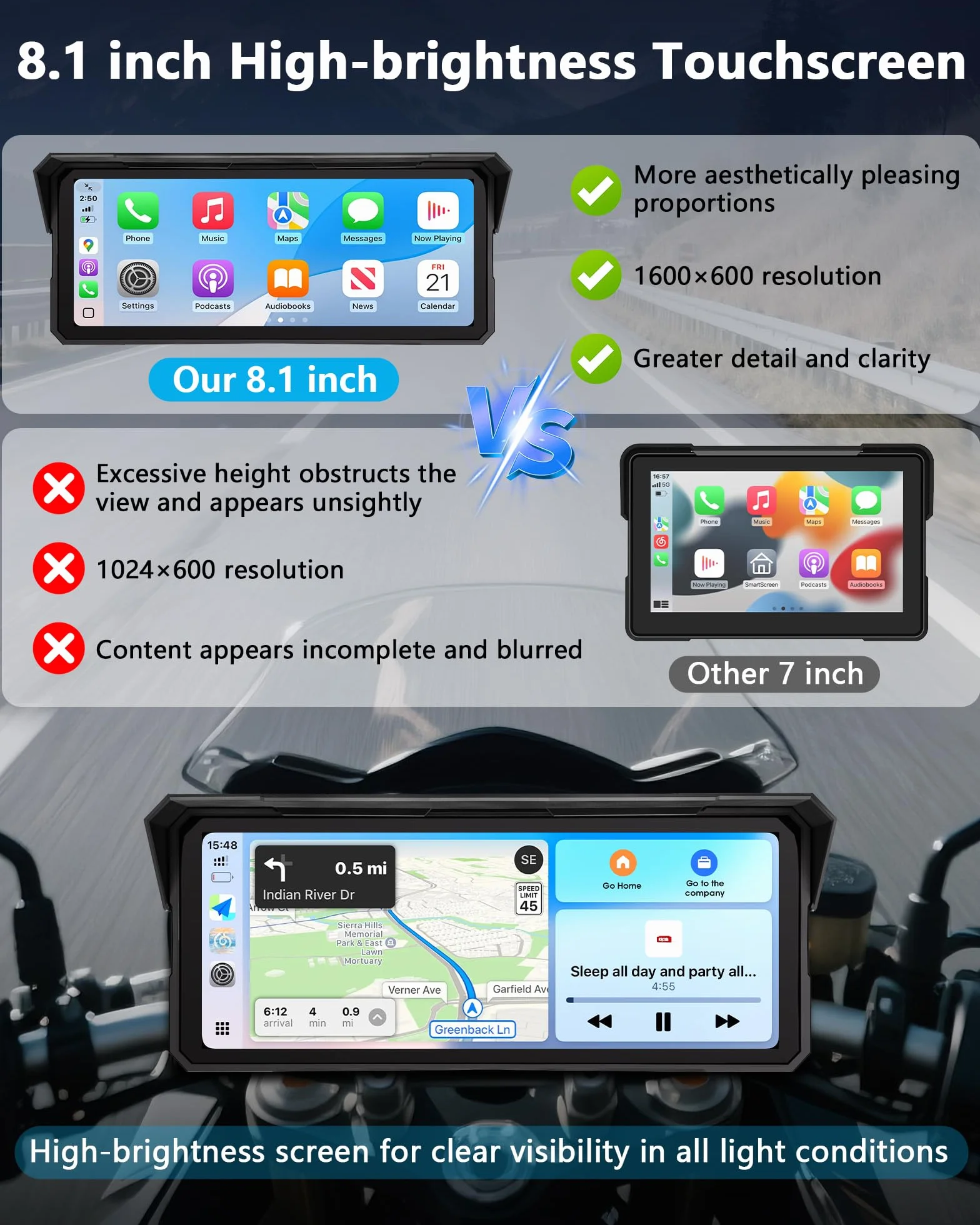 Jansite Cámara de salpicadero 4K de 8,1 pulgadas para motocicleta, pantalla CarPlay Android Auto, navegador de motocicleta IPX7 resistente al agua, GPS dispositivos de navegación para motocicletas con