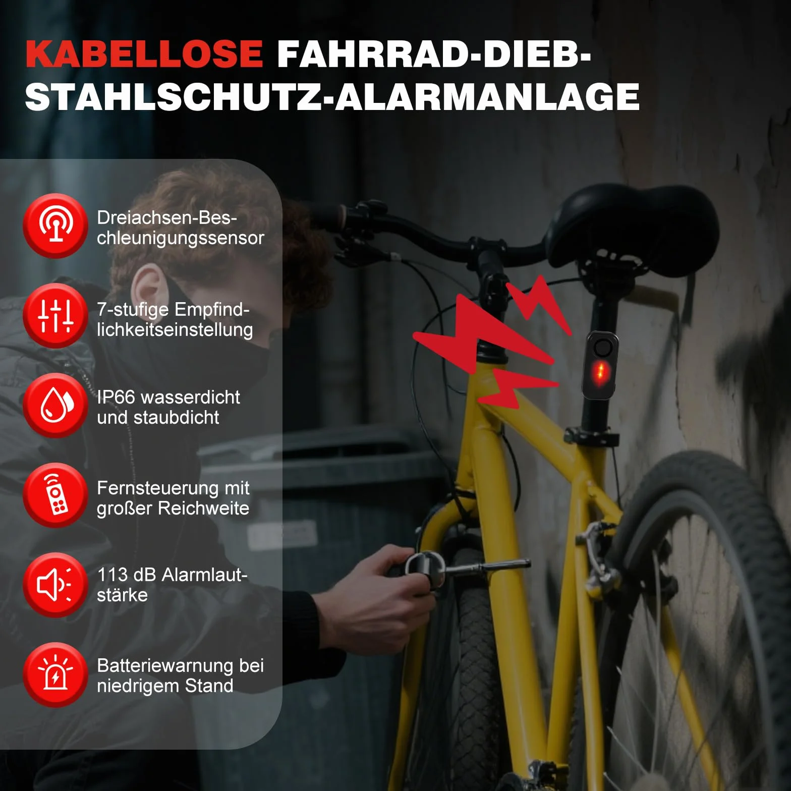 Sistema de alarma para bicicletas, antirrobo inalámbrico con sensor de vibración, sirena impermeable para bicicletas, volumen alto 113 db con mando a distancia para scooter, coche, bicicleta