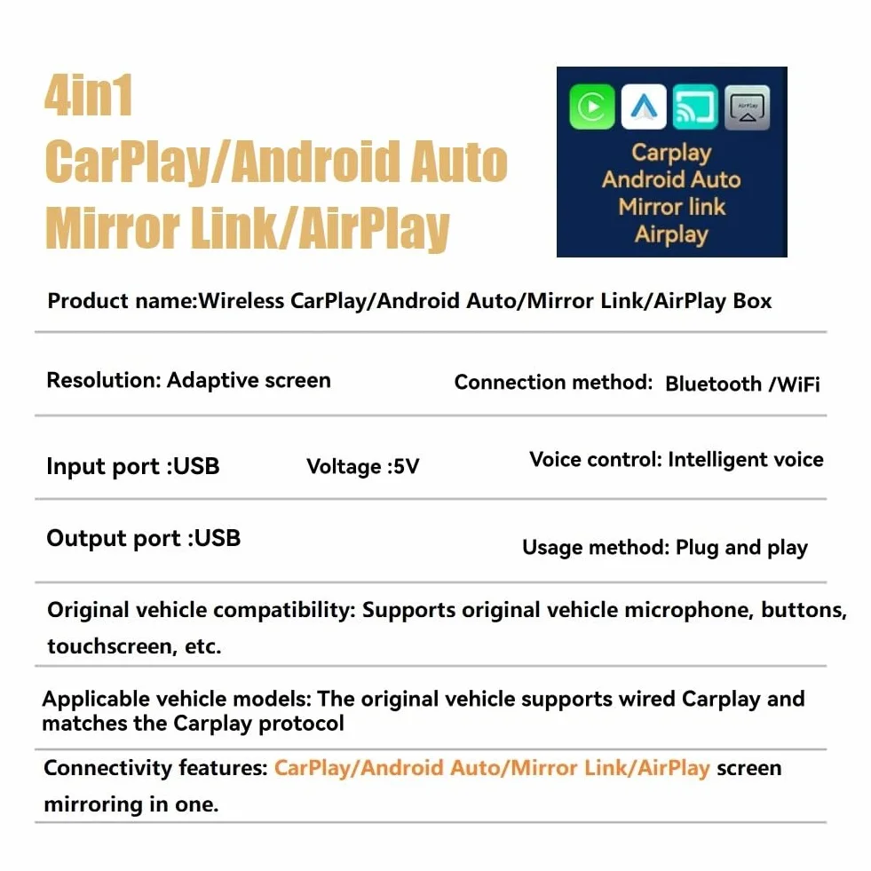 AI Smart Box 4 en 1 Adaptador inalámbrico CarPlay USB Dongle Airplay/Mirror Link/Android Auto/Carplay Car Intelligent System B