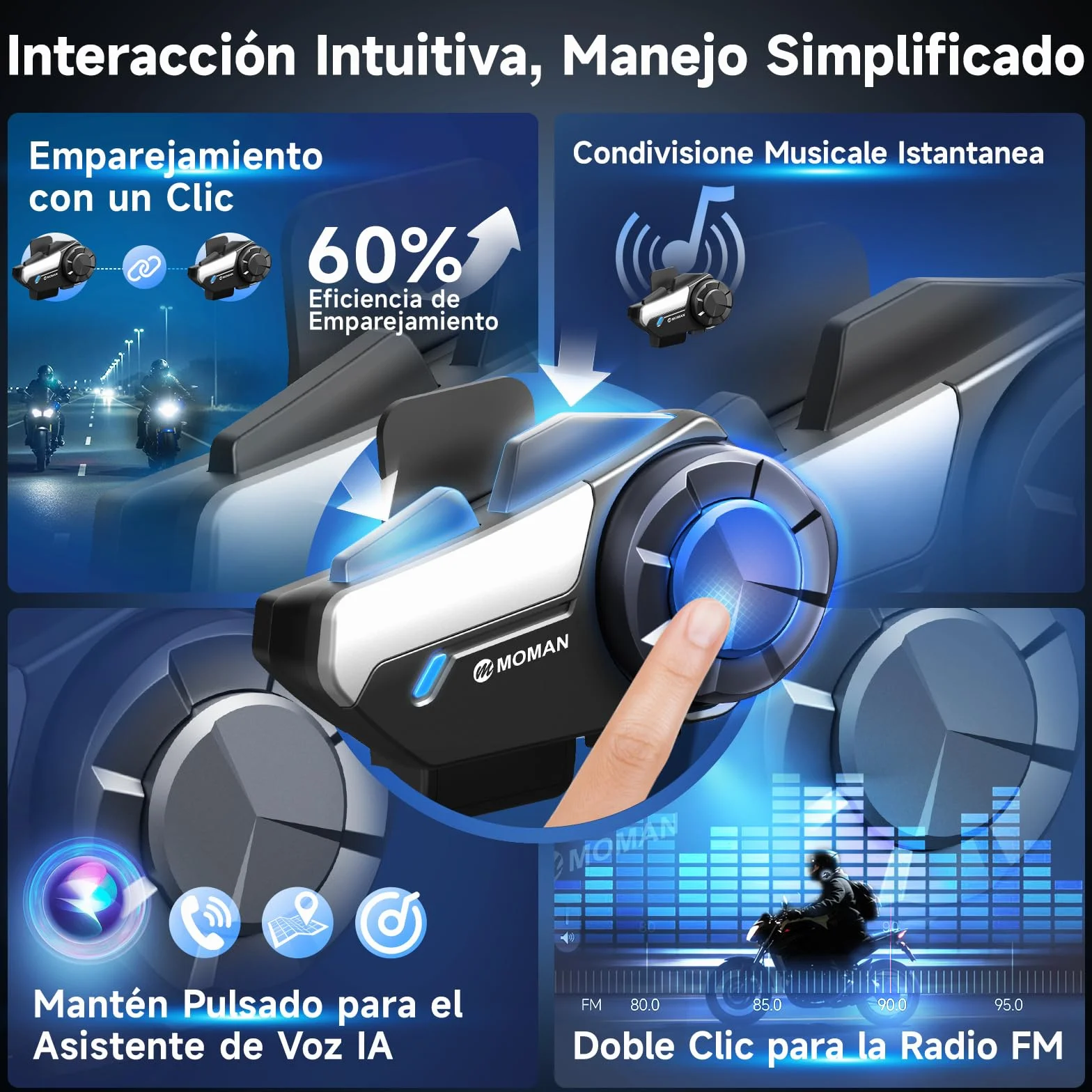 Moman H2S Intercomunicador Casco Moto 2 Vías 1000M AI Reducción de Ruido Auriculares HiFi Compartir Música (2 Pieza)