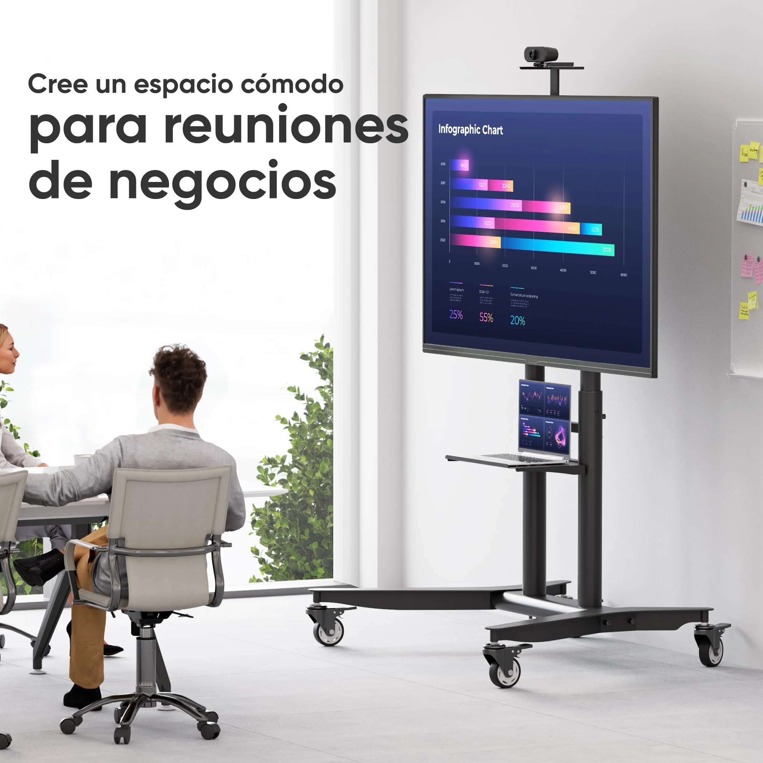 ONKRON Soporte TV Ruedas 55-90 Pulgadas, VESA 200x200-800x600 mm, Carga 90 kg, Regulable Altura, Acero, Negro