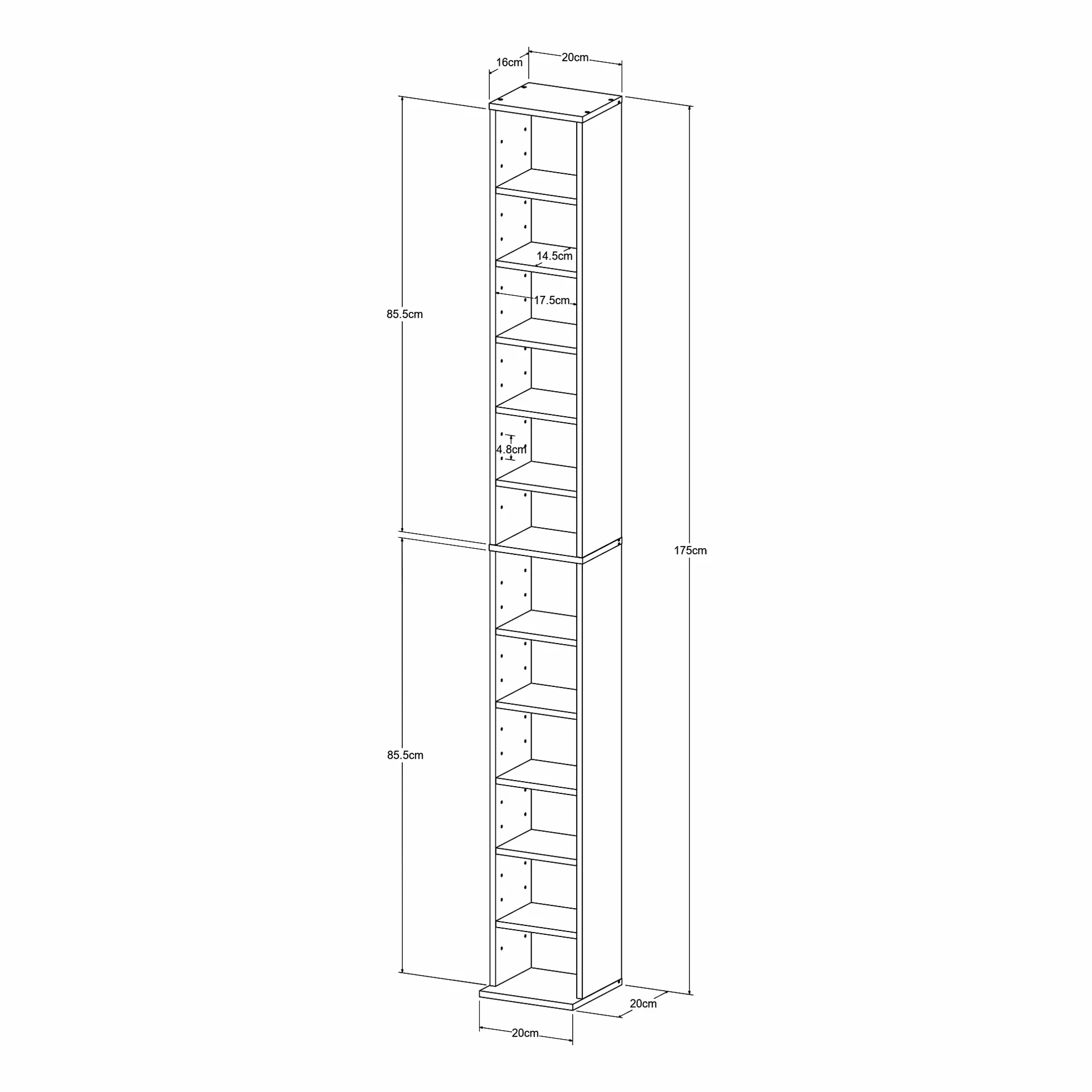 [en.casa] Estantería para CDs Tynset Soporte para DVDs Recuerdos Librería con 12 Compartimientos Estantes Ajustables en Altura Aglomerado 175 x 20 x 20 cm - Negro