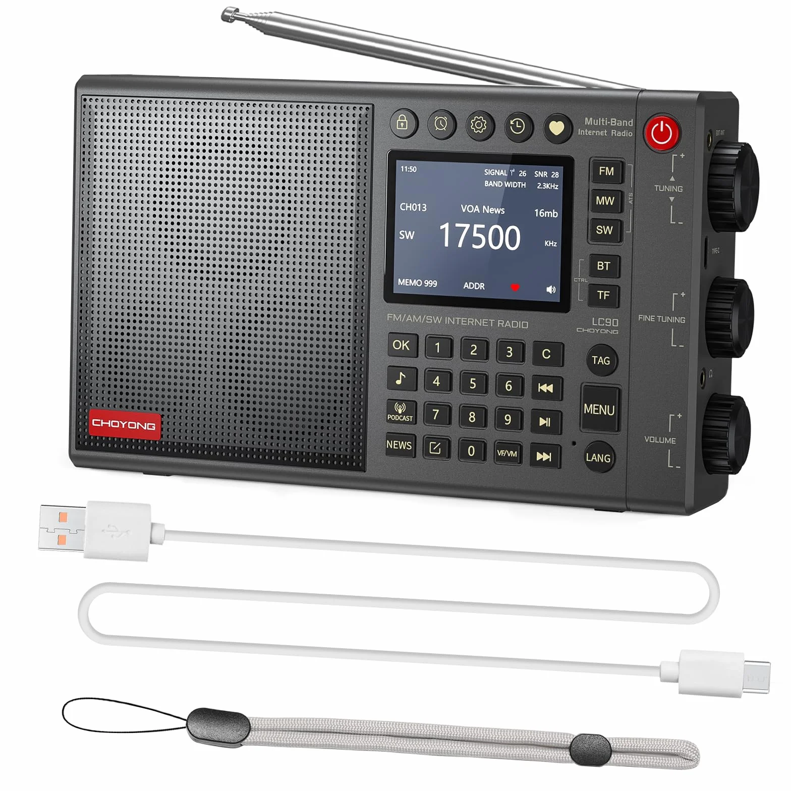 CHOYONG LC90 - Radio de Internet Wi-Fi/4G, Radio portátil FM/LW/MW/SW con batería Recargable de 5000 mAh, Estaciones de Radio 40K, Altavoz BT, Reloj Despertador, Altavoces estéreo de 15 W, Compatible