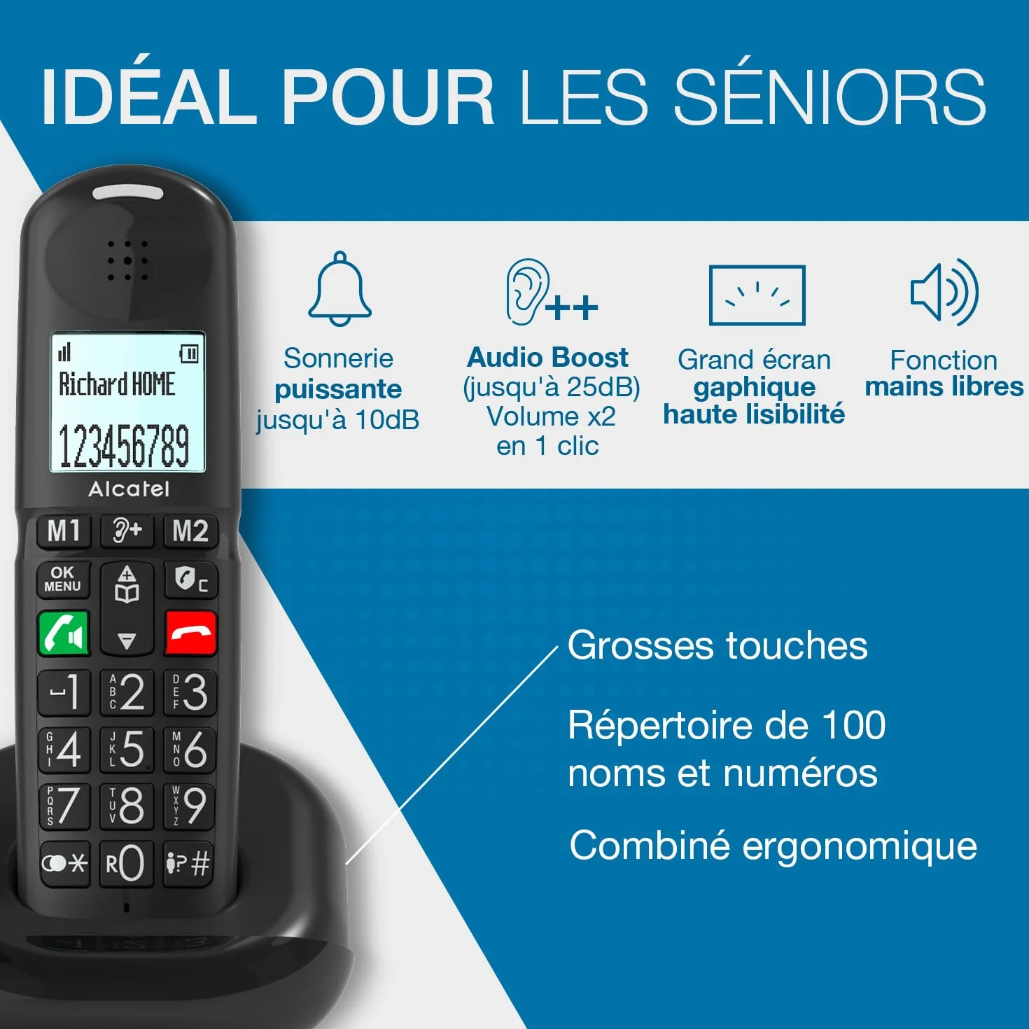 ALCATEL XL685 Duo Teléfono Fijo Inalámbrico DECT Senior Formato XL Pantalla Gráfica Alta Legibilidad Teclas Grandes Audio Boost Manos Libres Bloqueo Llamadas 2 Teléfonos Negro