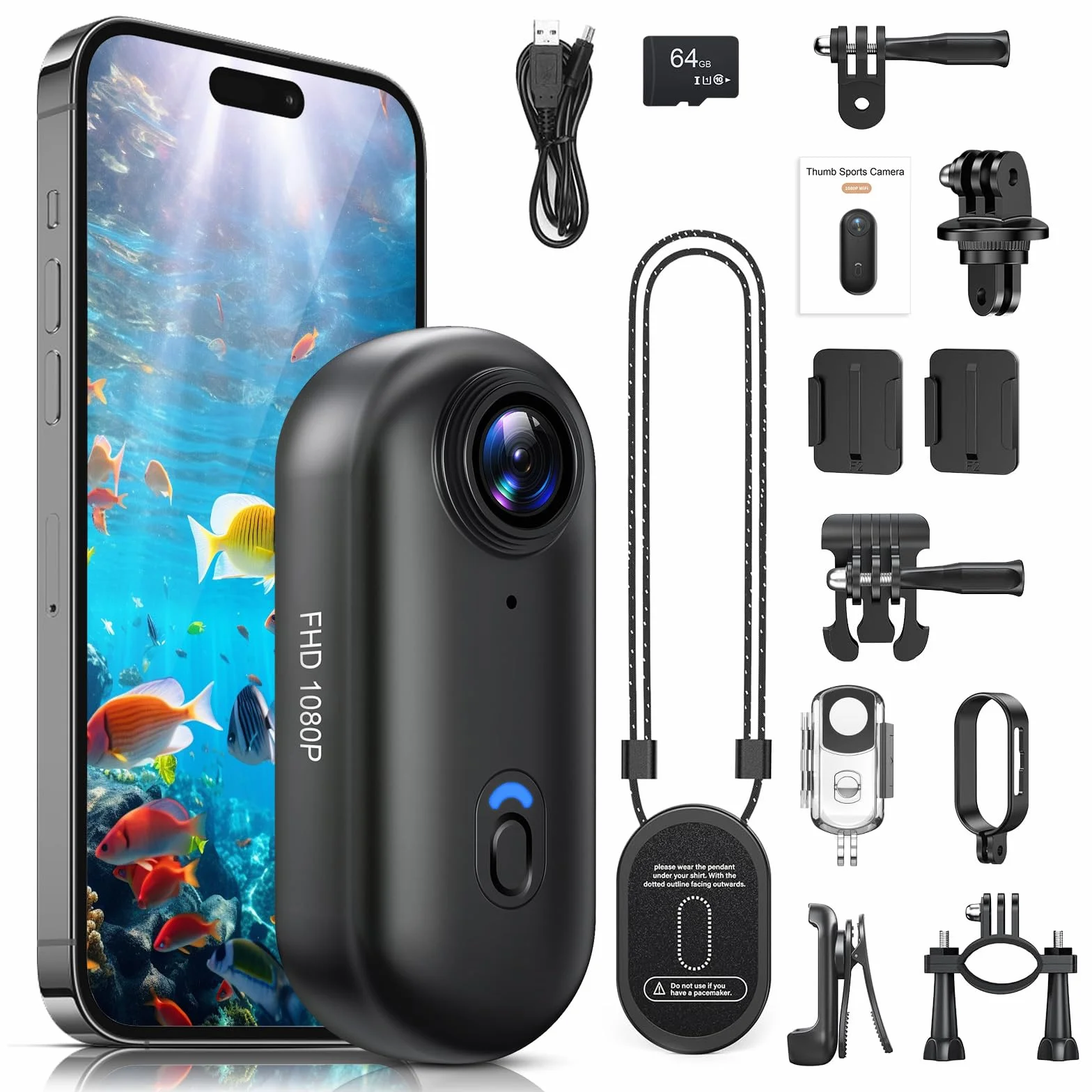 Cámara de Acción 360° Mini Corporal POV Subacuática 30m WiFi Gran Angular 120° +10 Accesorios 64GB